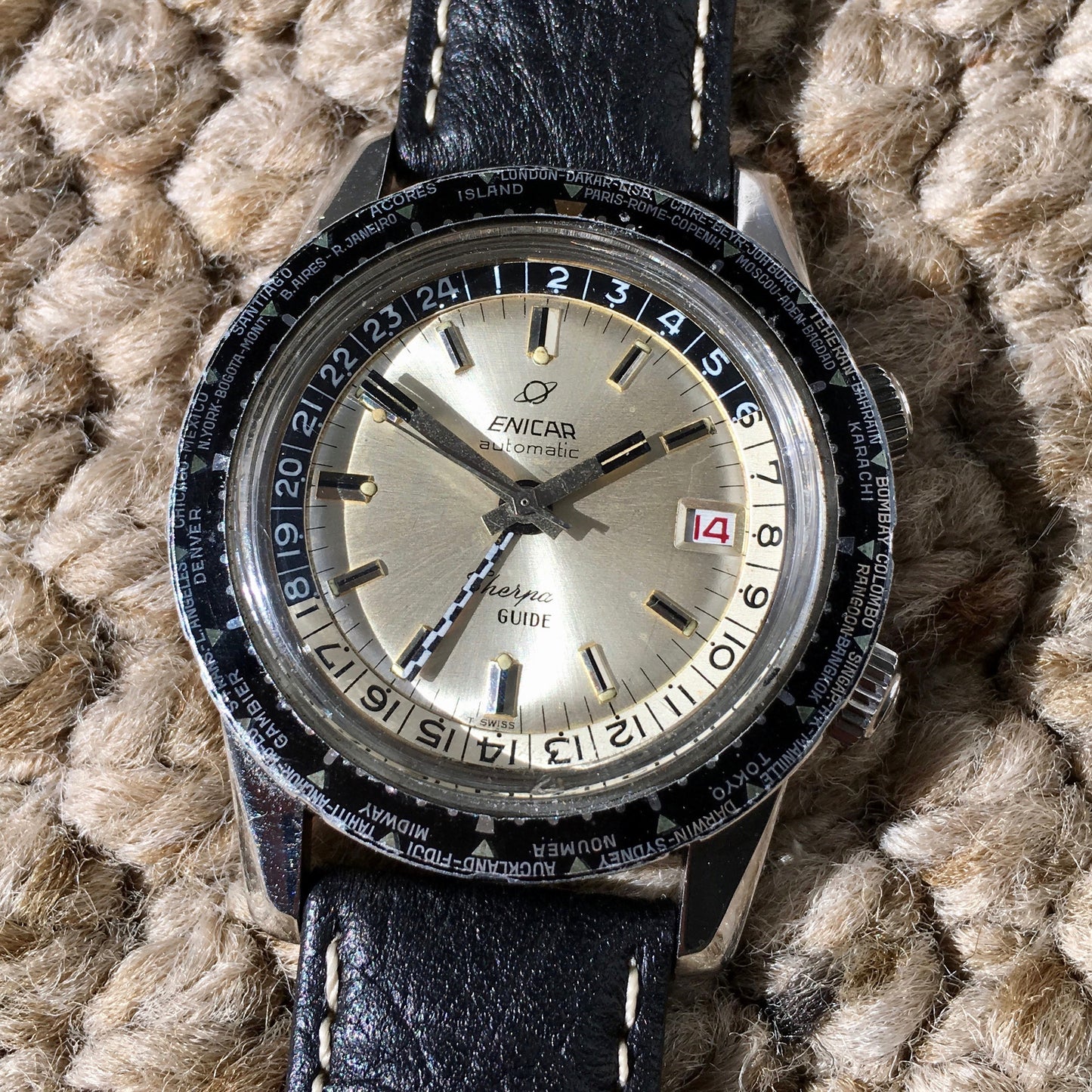 Vintage Enicar Sherpa Guide 600 Silver GMT Automatic Steel Wristwatch 48mm - Hashtag Watch Company