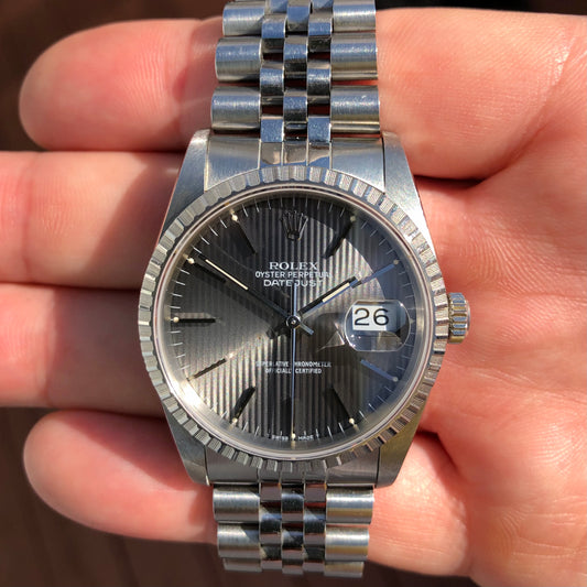 1990 Rolex Datejust 16200 Gray Tapestry Dial Engine Turned Bezel Jubilee Wristwatch Full Set - Hashtag Watch Company