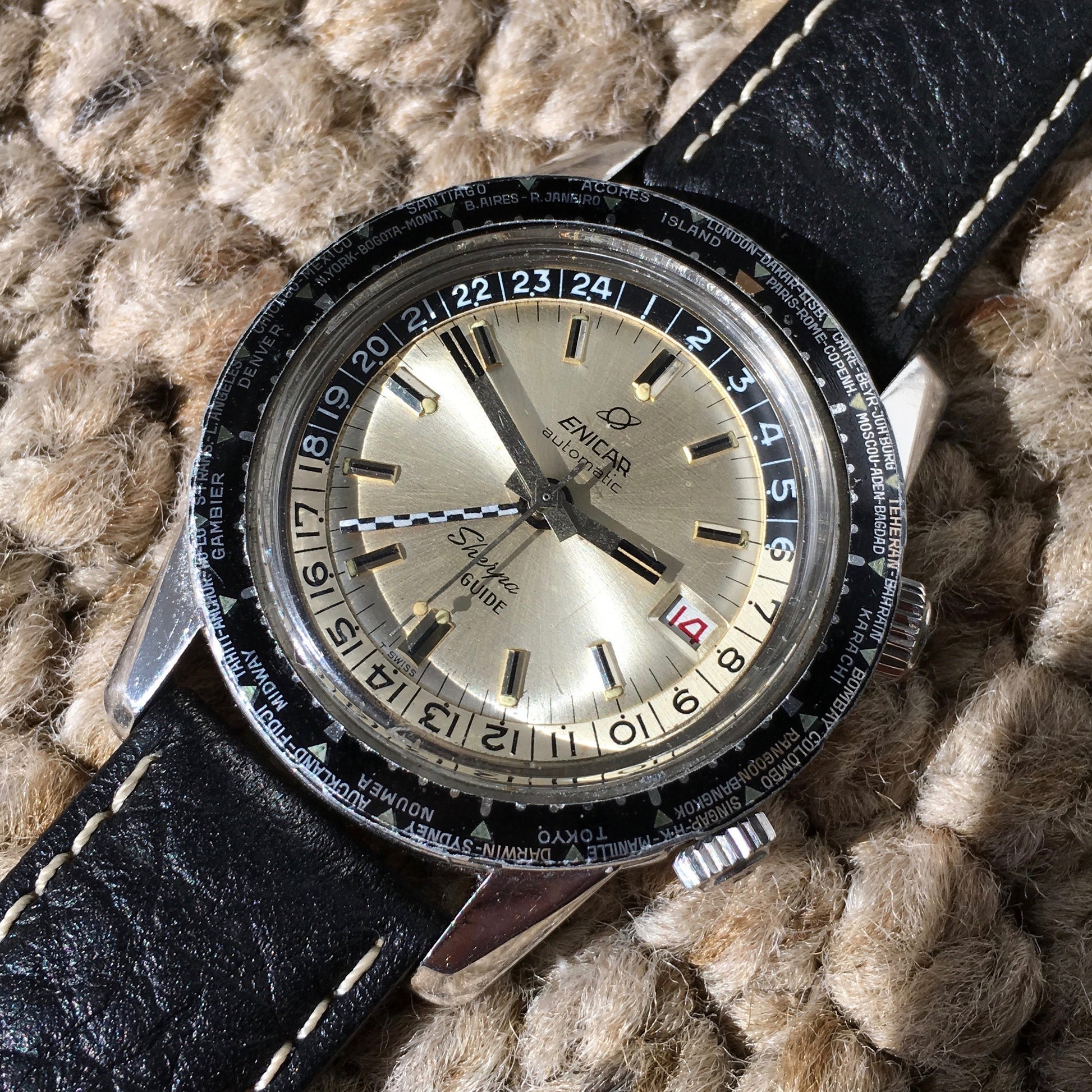 Vintage Enicar Sherpa Guide 600 Silver GMT Automatic Steel Wristwatch 48mm - Hashtag Watch Company