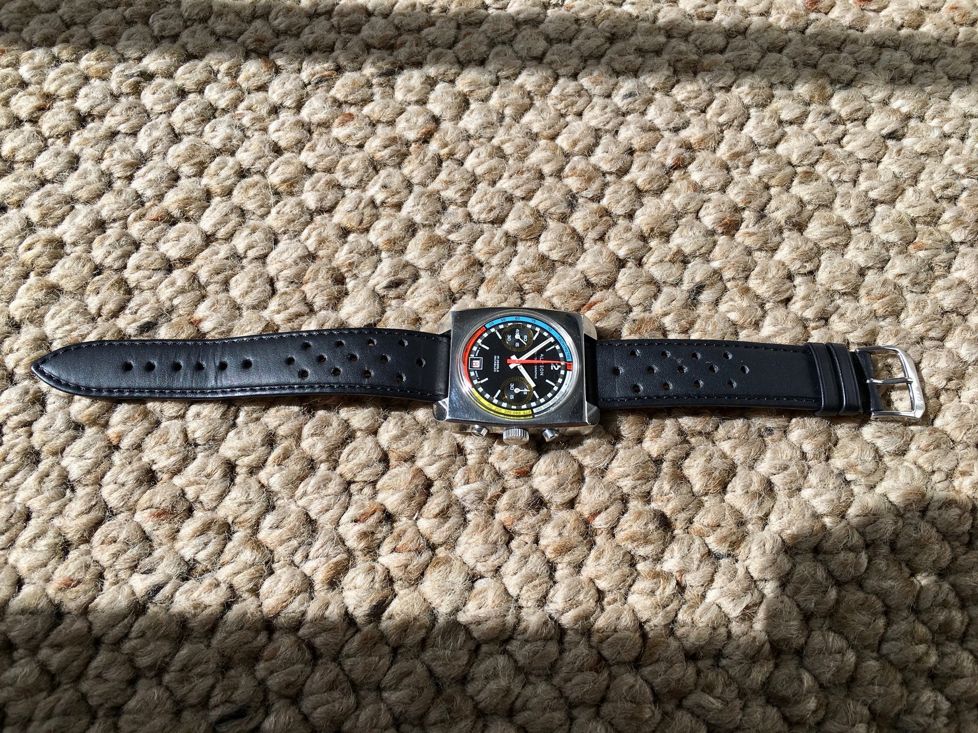 Vintage Alyson Steel Chronograph Vajloux 7734 Manual Wind Black Dial Wristwatch - Hashtag Watch Company