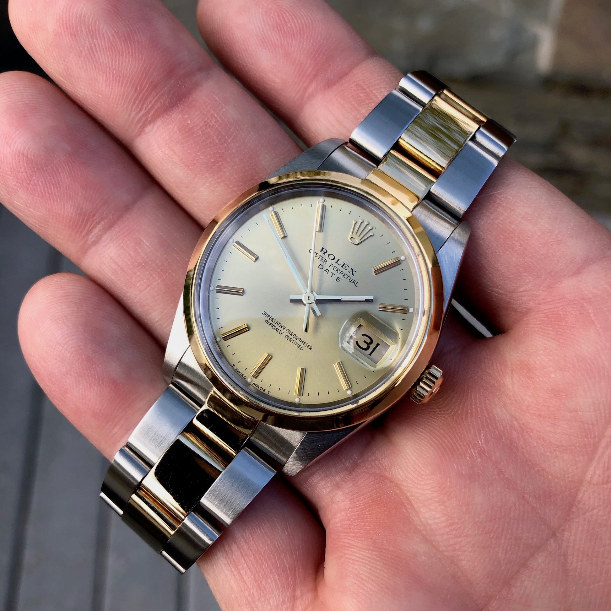 Vintage Rolex Date 15003 Two Tone Oyster Champagne Stick Automatic Wristwatch Circa 1987 - Hashtag Watch Company