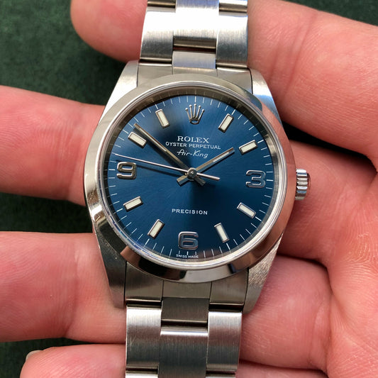 2000 Rolex Air King 14000 Blue Explorer Dial Stainless Steel Wristwatch Box Papers - Hashtag Watch Company