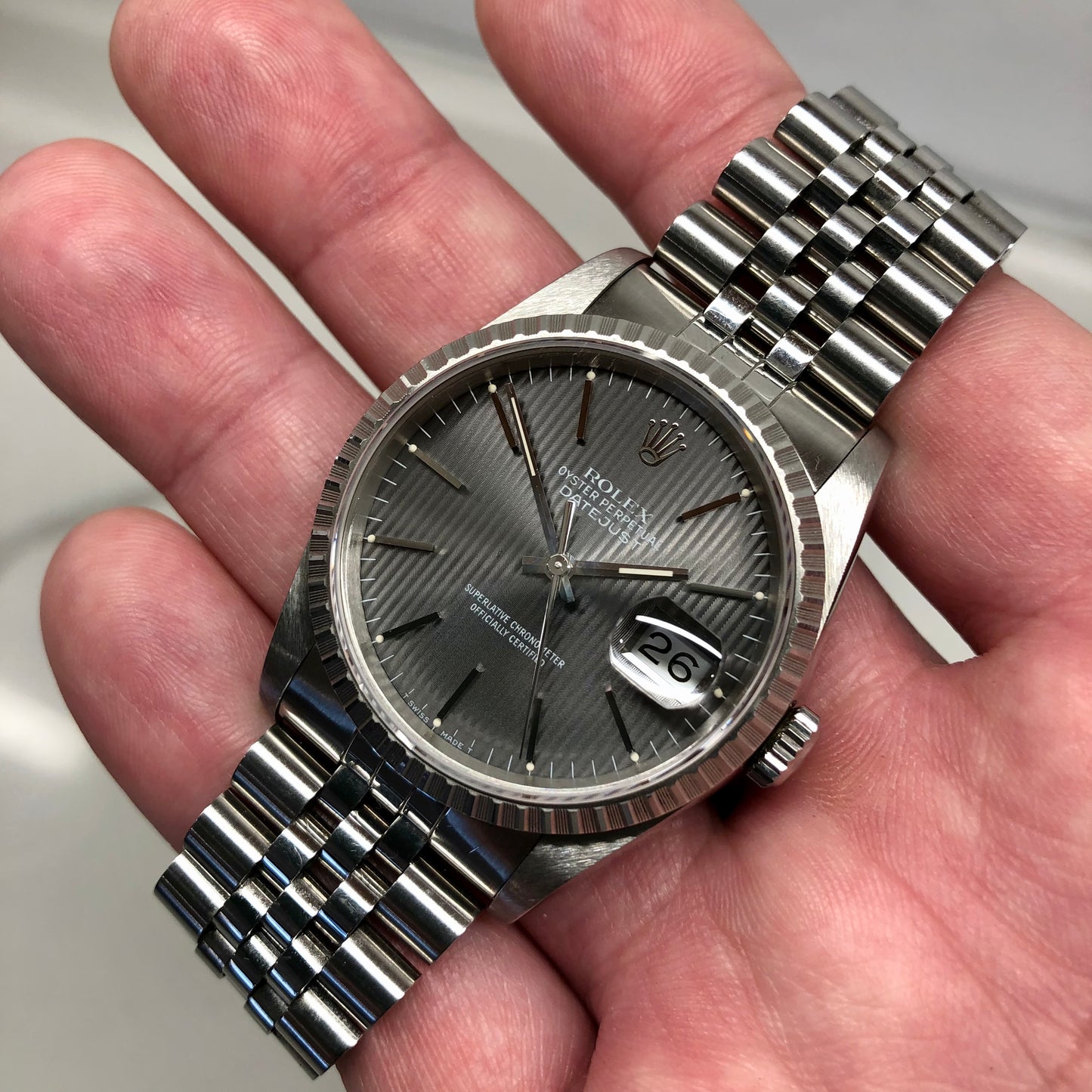 1990 Rolex Datejust 16200 Gray Tapestry Dial Engine Turned Bezel Jubilee Wristwatch Full Set - Hashtag Watch Company