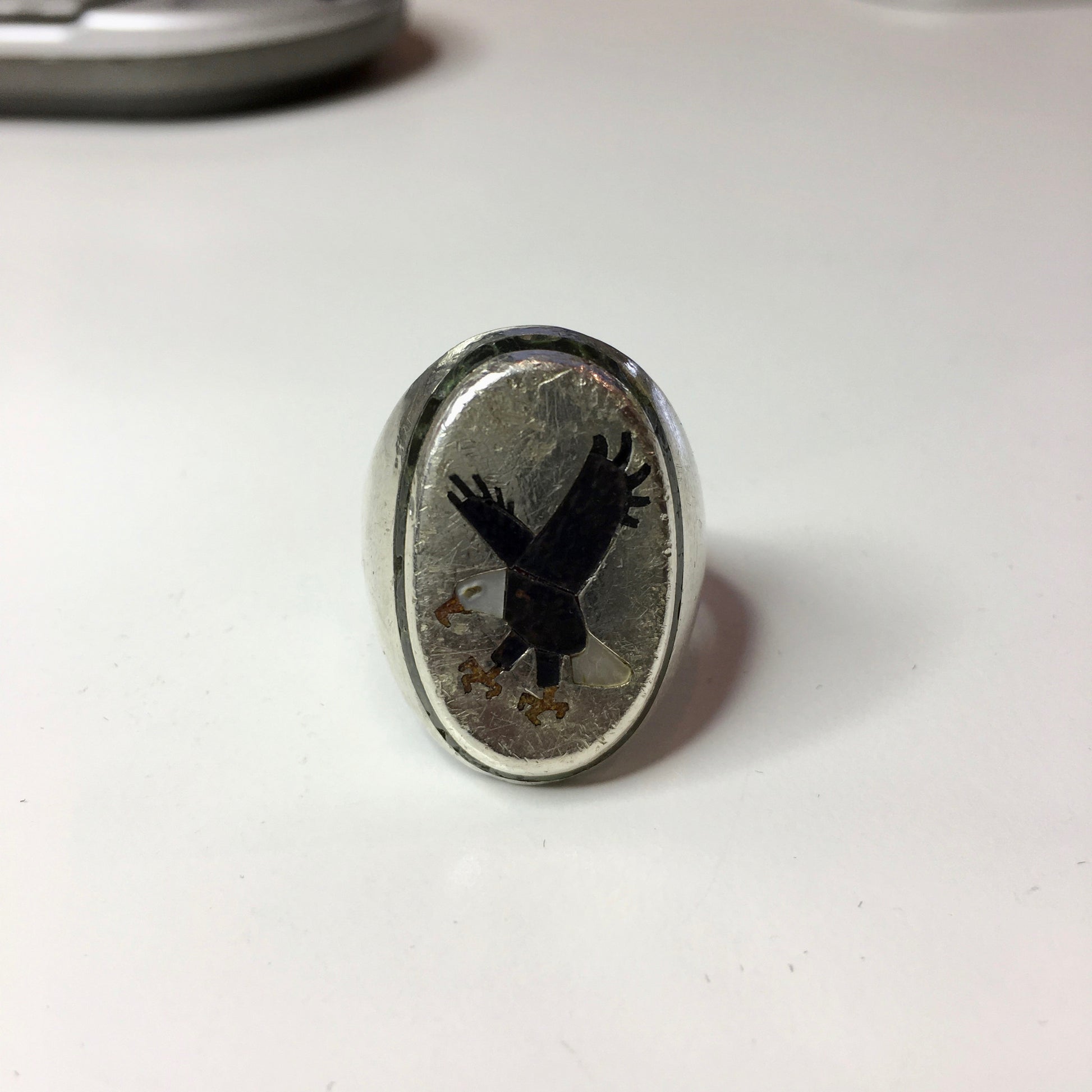 Vintage Sterling Silver Eagle Bald Eagle Mother of Pearl Turquoise Enamel BB Ring - Hashtag Watch Company