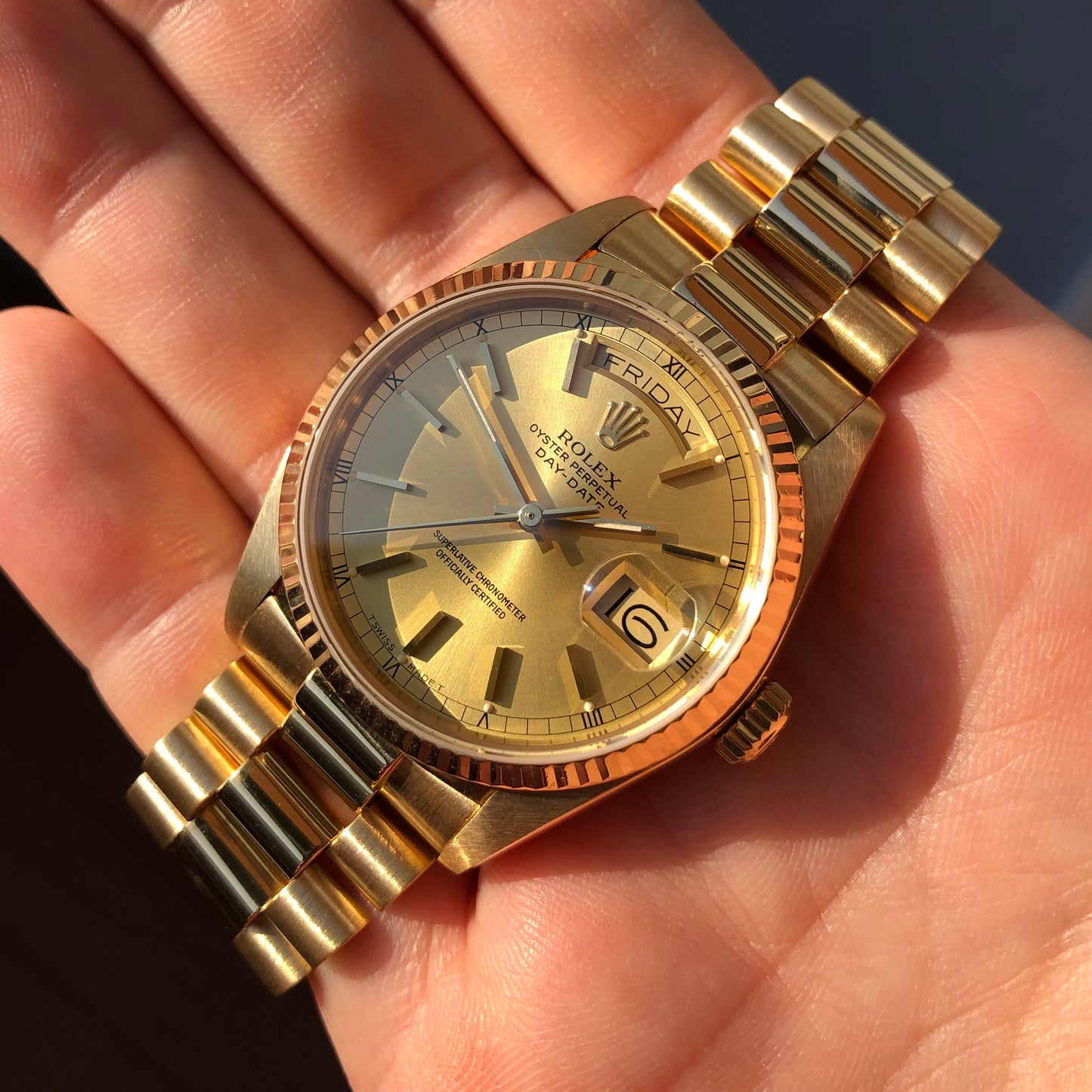 1985 Rolex President 18038 Day Date Yellow Gold Champagne Wristwatch with Papers - Hashtag Watch Company