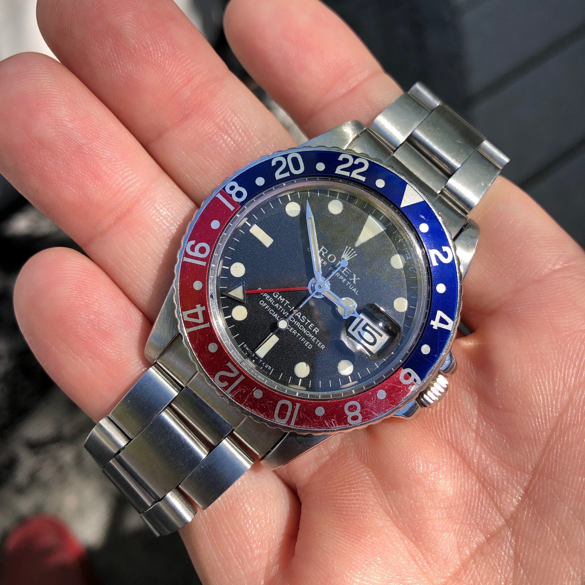 Vintage Rolex GMT MASTER 1675 Pepsi Oyster Perpetual Wristwatch Circa 1978 - Hashtag Watch Company
