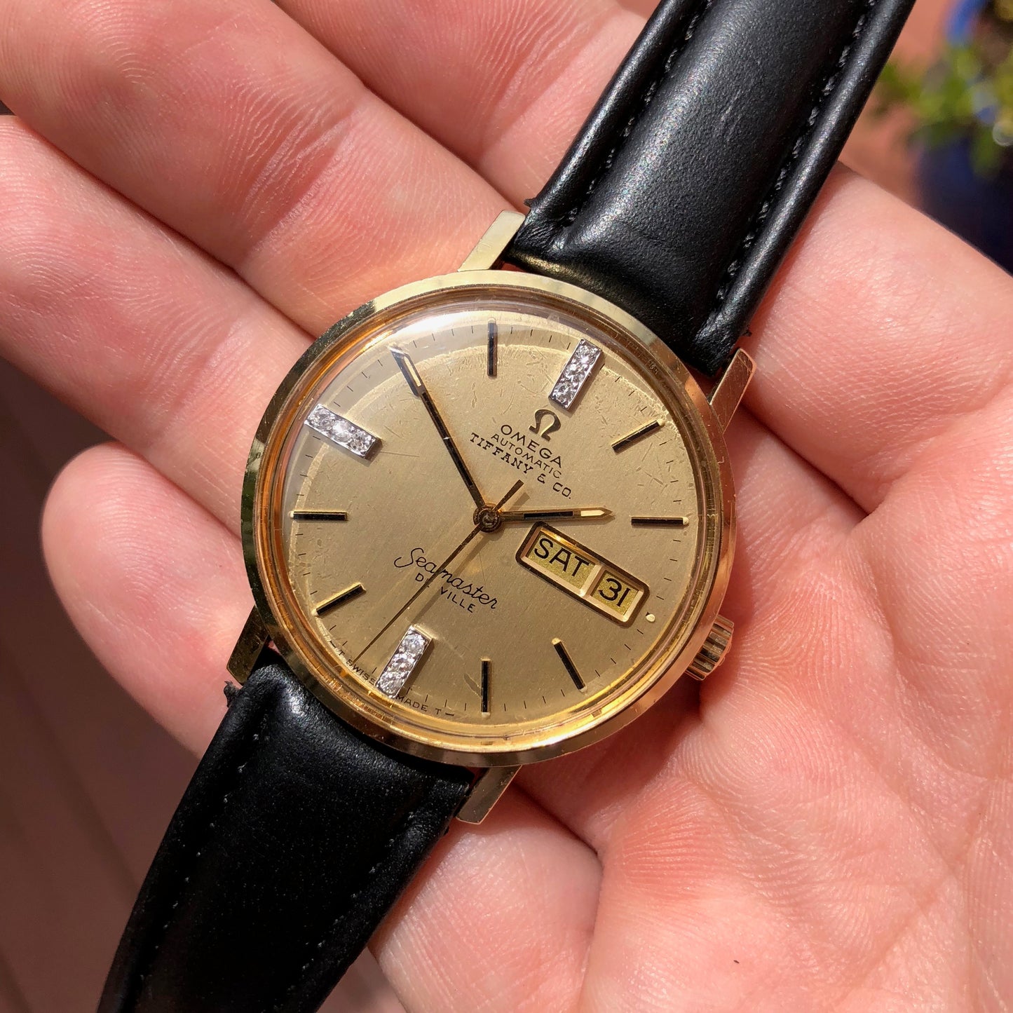 Vintage Omega Seamaster DeVille Day Date Tiffany & Co. 14K Gold Diamond Watch - Hashtag Watch Company