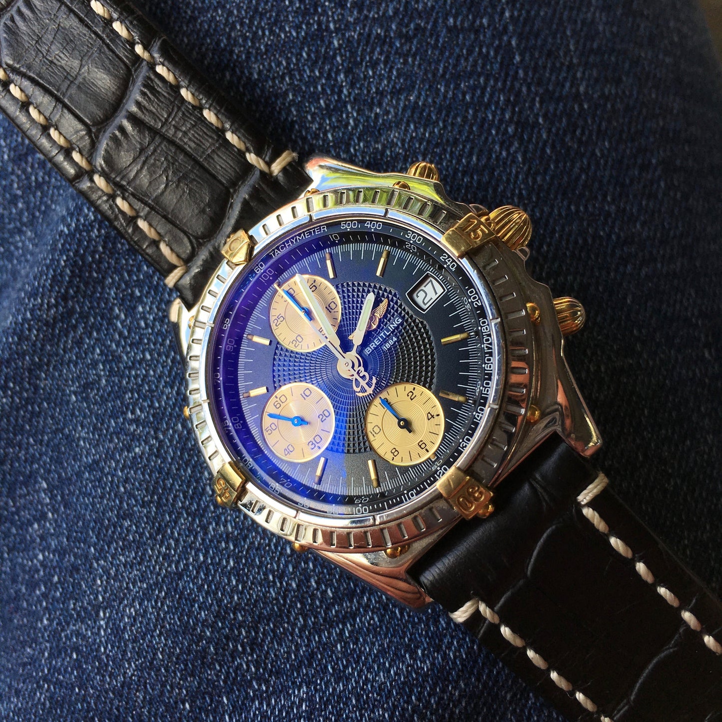 Breitling Chronomat B13050.1 Chronograph Two Tone Steel Gold Black Automatic Wristwatch - Hashtag Watch Company