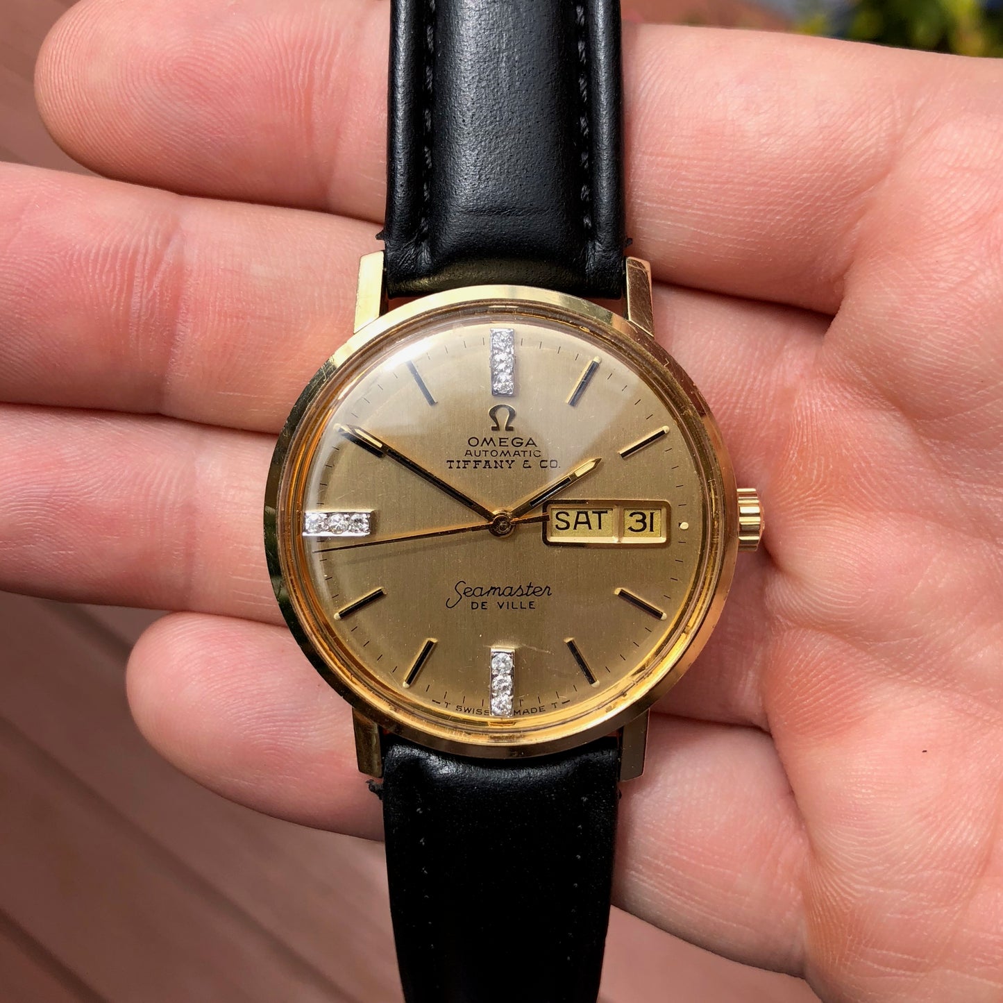 Vintage Omega Seamaster DeVille Day Date Tiffany & Co. 14K Gold Diamond Watch - Hashtag Watch Company