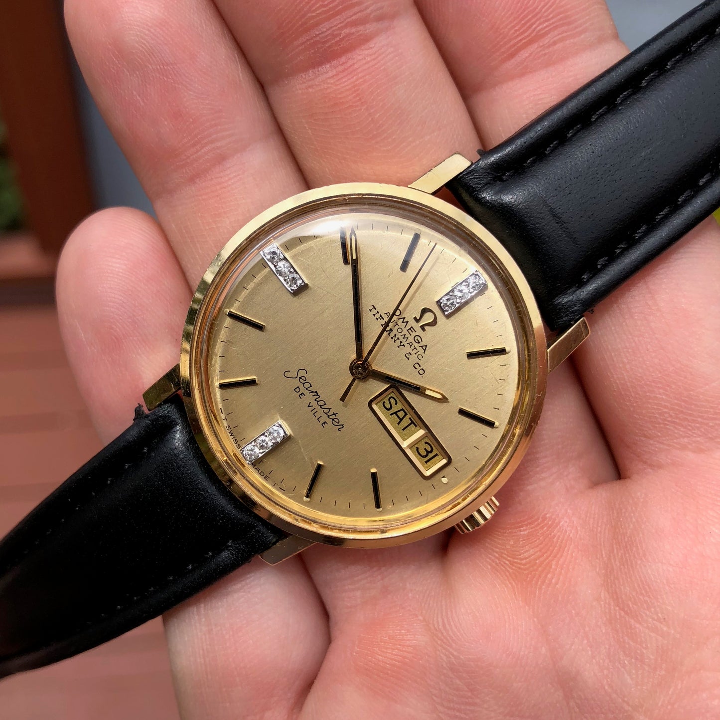 Vintage Omega Seamaster DeVille Day Date Tiffany & Co. 14K Gold Diamond Watch - Hashtag Watch Company