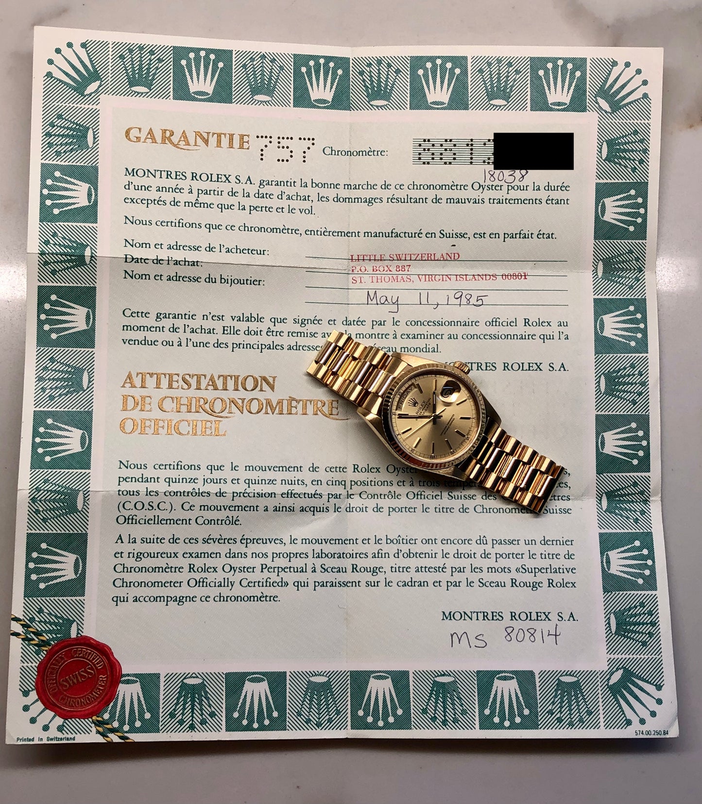 1985 Rolex President 18038 Day Date Yellow Gold Champagne Wristwatch with Papers - Hashtag Watch Company