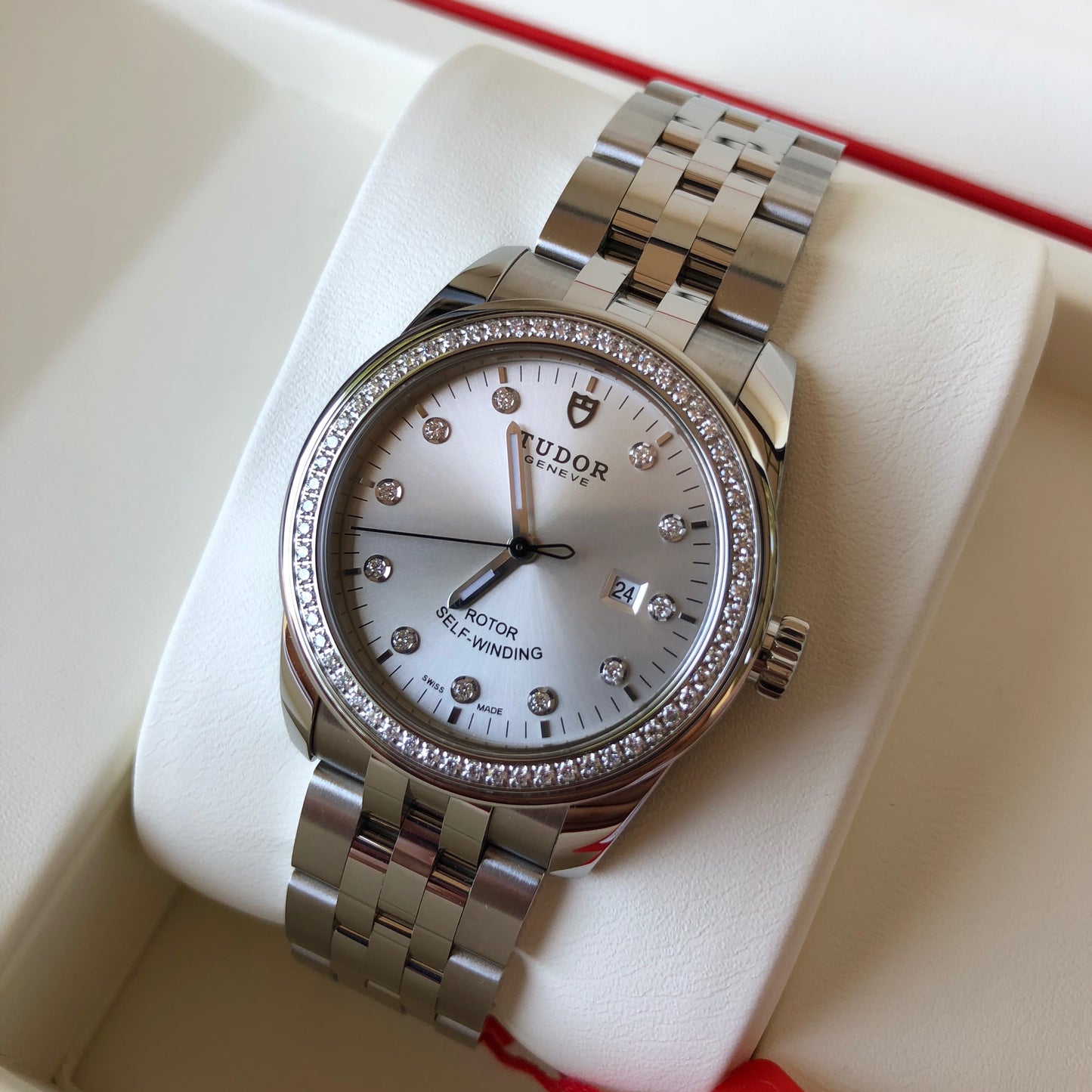 Tudor Glamour Date 31 53020 Silver Diamond Dial Bezel Stainless Steel Automatic Ladies Wristwatch - Hashtag Watch Company