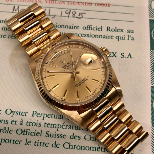 1985 Rolex President 18038 Day Date Yellow Gold Champagne Wristwatch with Papers - Hashtag Watch Company