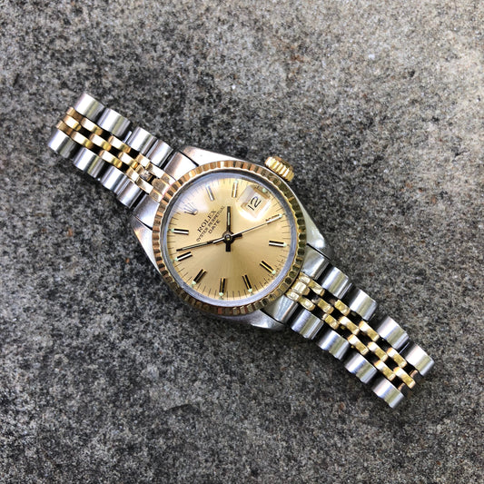 Vintage Rolex Date 6917 Ladies Two Tone Champagne Stick Steel 18K Wristwatch Circa 1979 - Hashtag Watch Company