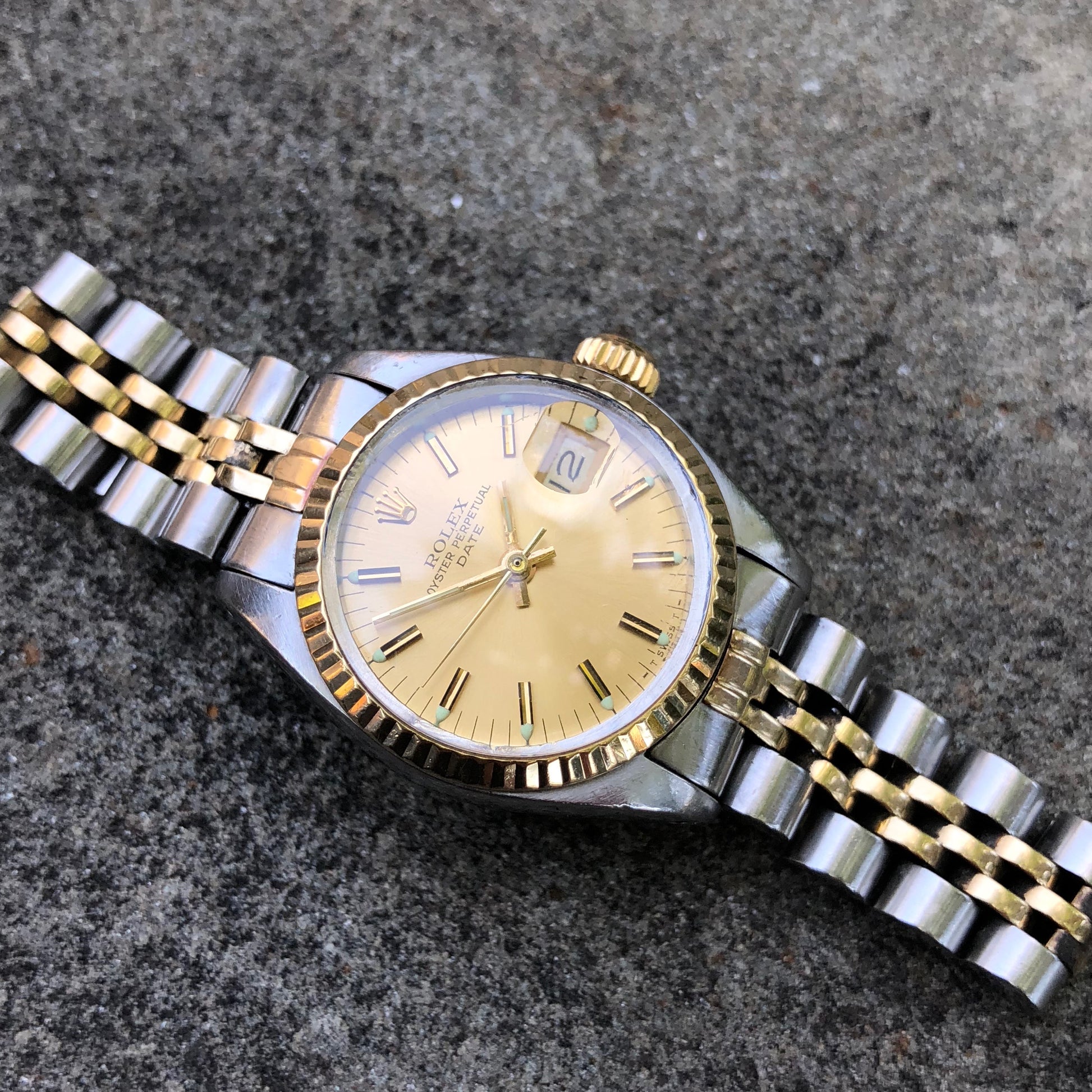 Vintage Rolex Date 6917 Ladies Two Tone Champagne Stick Steel 18K Wristwatch Circa 1979 - Hashtag Watch Company