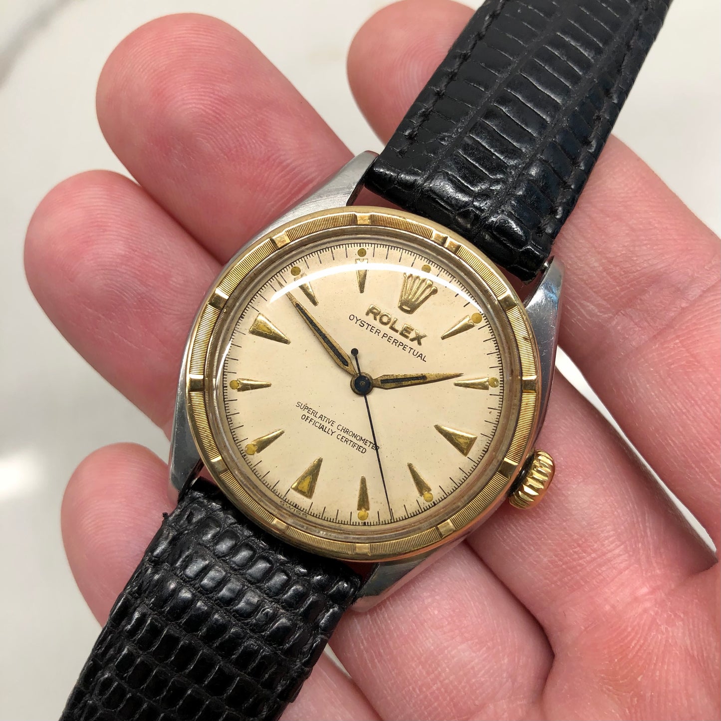 1953 Vintage Rolex 6103 Oyster Perpetual Ovettone Stainless Steel Gold Engine Turned Bezel Wristwatch - Hashtag Watch Company