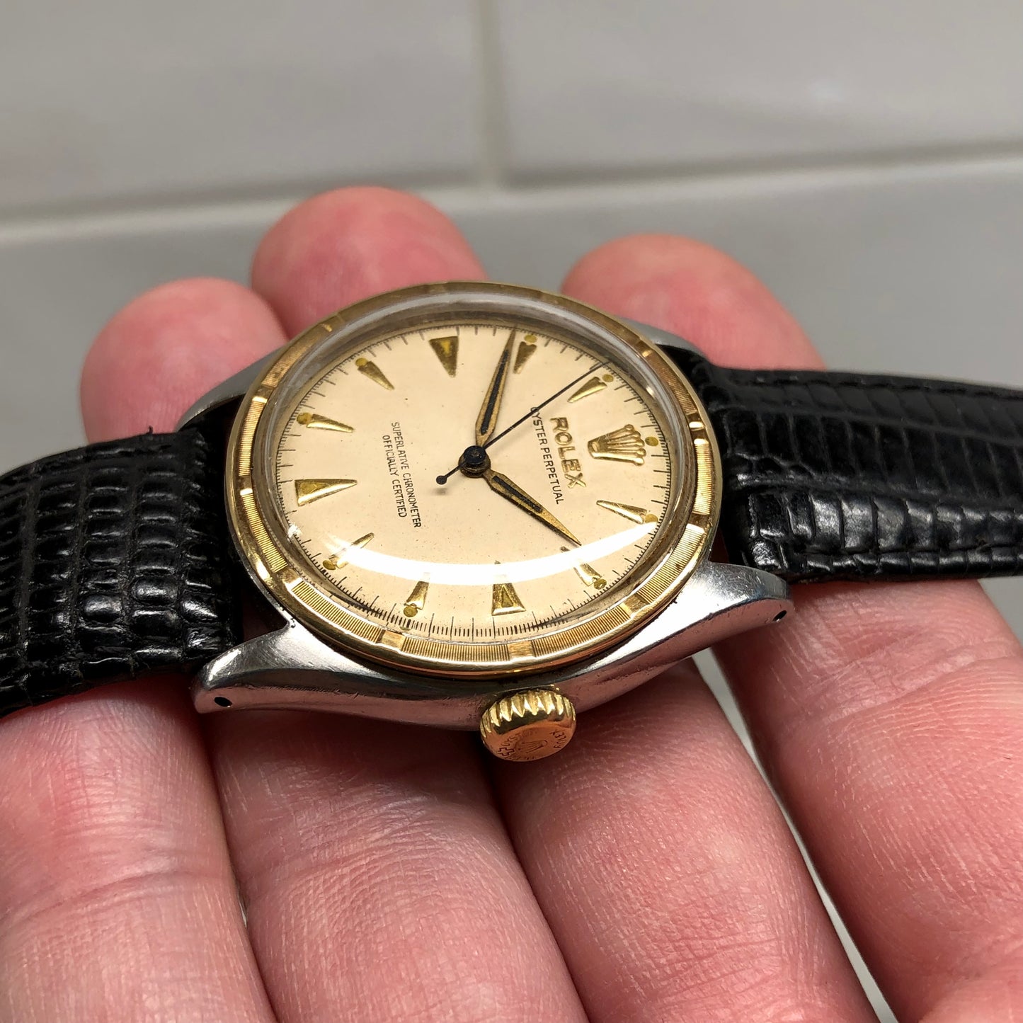 1953 Vintage Rolex 6103 Oyster Perpetual Ovettone Stainless Steel Gold Engine Turned Bezel Wristwatch - Hashtag Watch Company