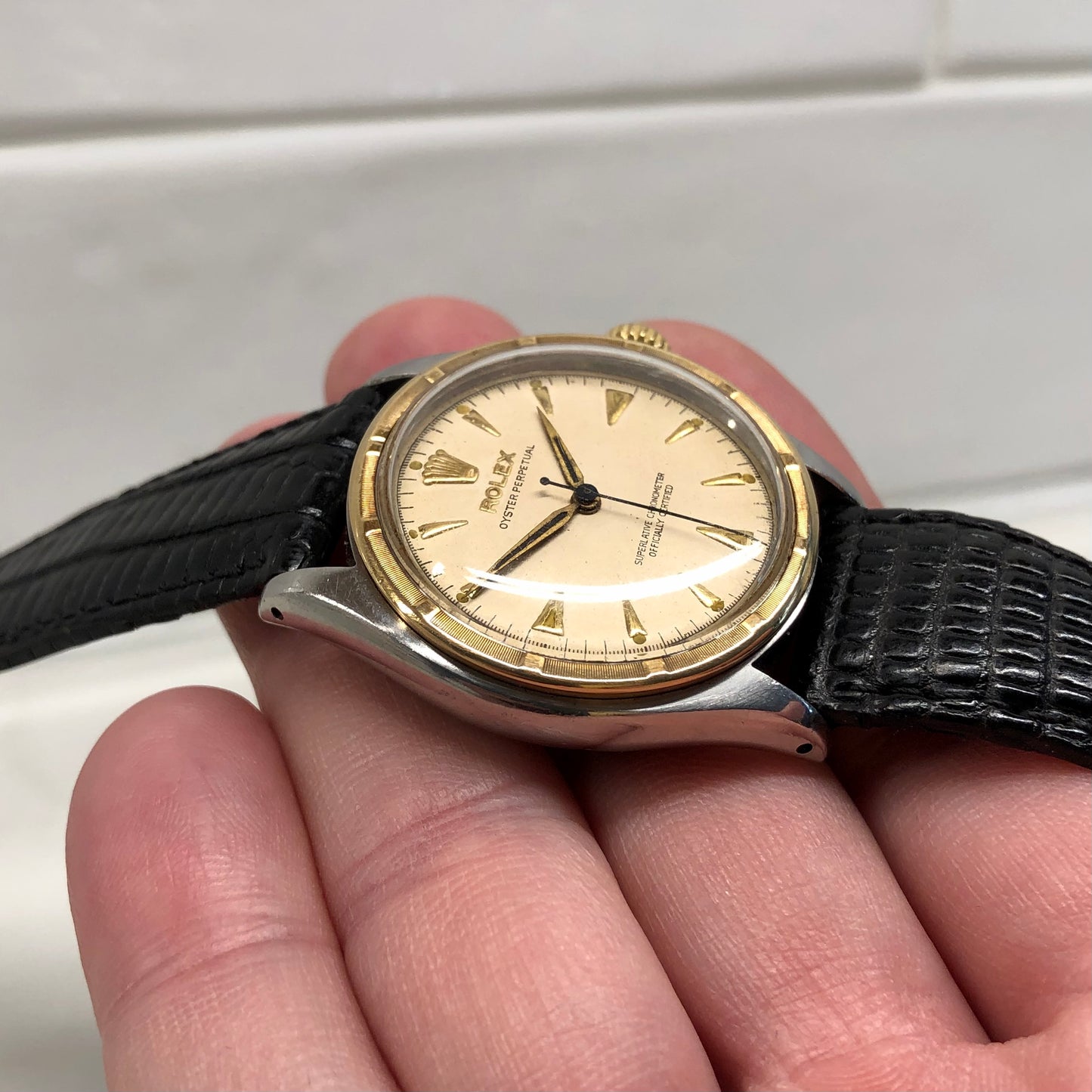 1953 Vintage Rolex 6103 Oyster Perpetual Ovettone Stainless Steel Gold Engine Turned Bezel Wristwatch - Hashtag Watch Company