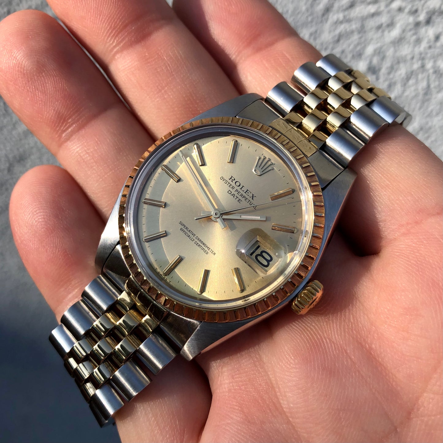 1980 Rolex Date 1505 Two Tone Engine Turned Champagne Jubilee Wristwatch - Hashtag Watch Company