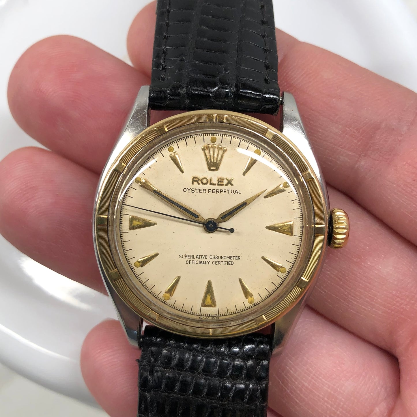 1953 Vintage Rolex 6103 Oyster Perpetual Ovettone Stainless Steel Gold Engine Turned Bezel Wristwatch - Hashtag Watch Company