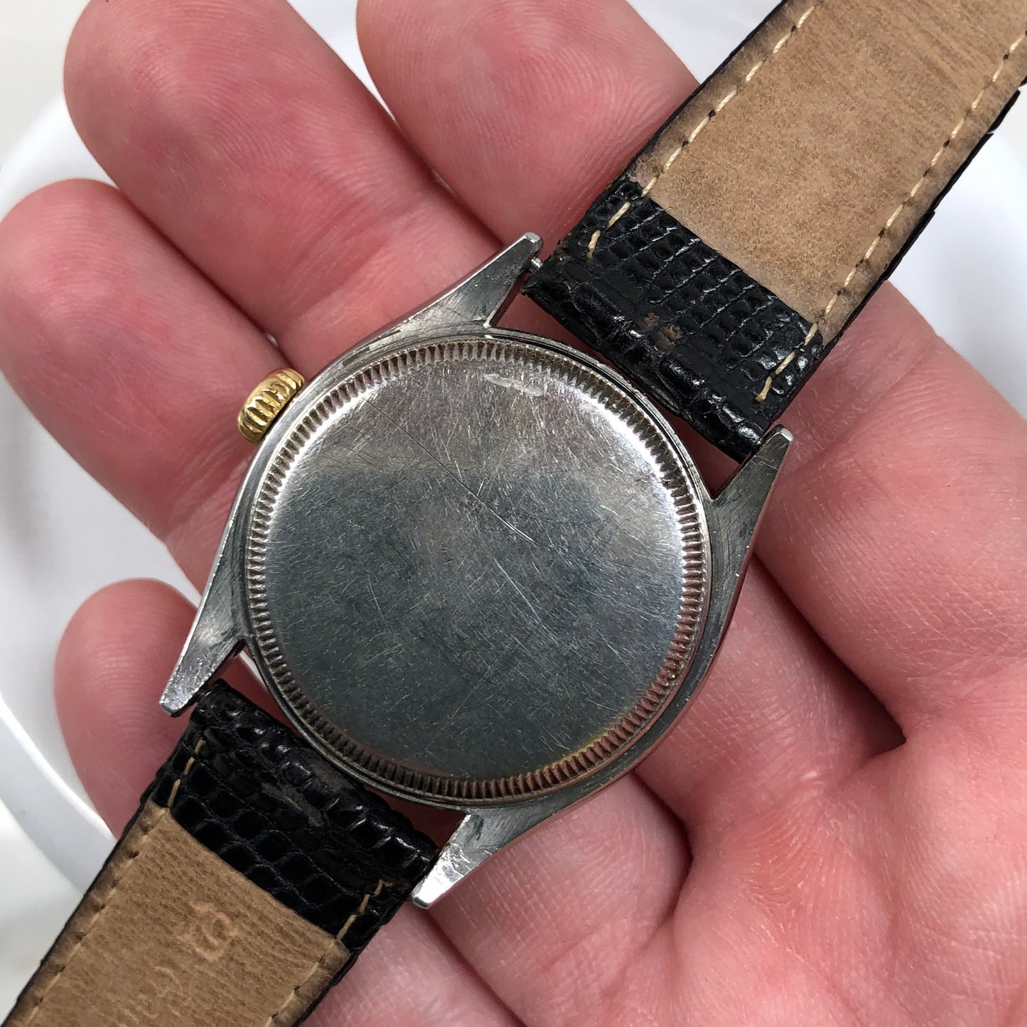 1953 Vintage Rolex 6103 Oyster Perpetual Ovettone Stainless Steel Gold Engine Turned Bezel Wristwatch - Hashtag Watch Company