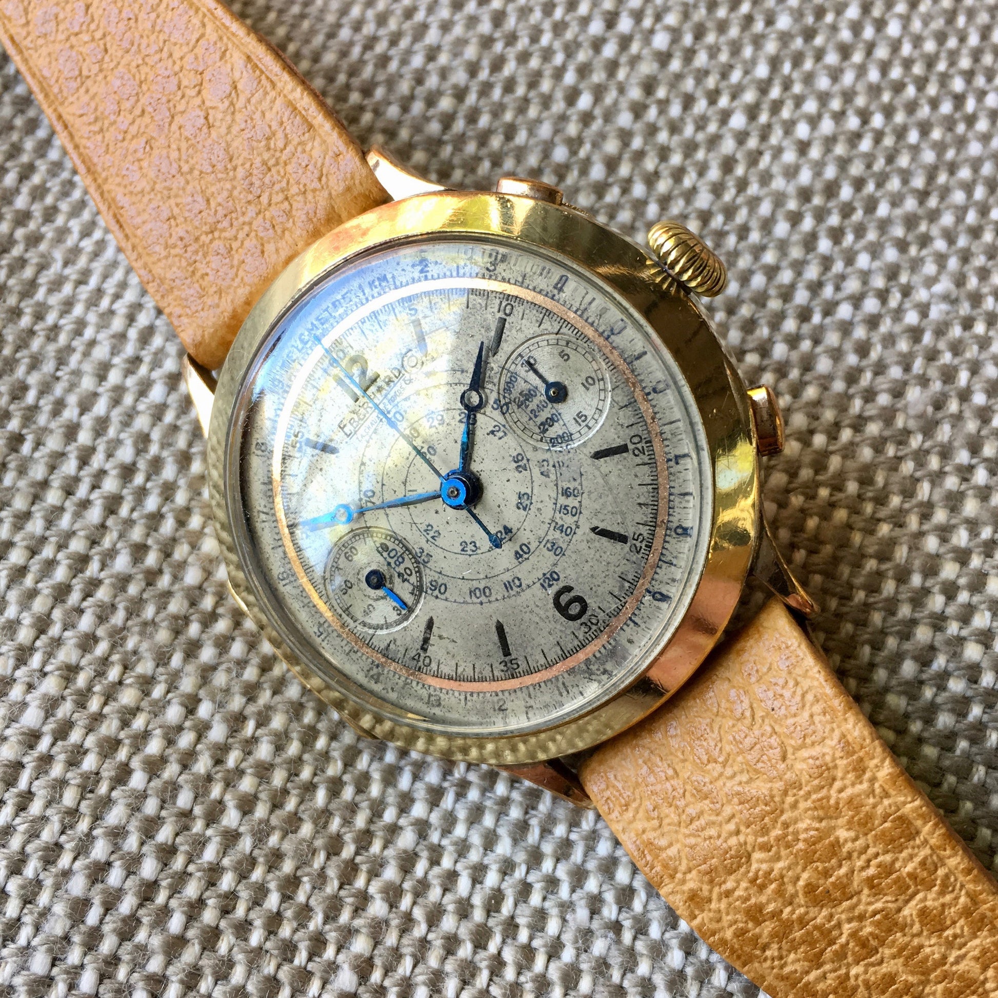 Vintage Eberhard Chronograph 5481 Gold Plated Manual Wind 40mm Large Wristwatch 1940's - Hashtag Watch Company