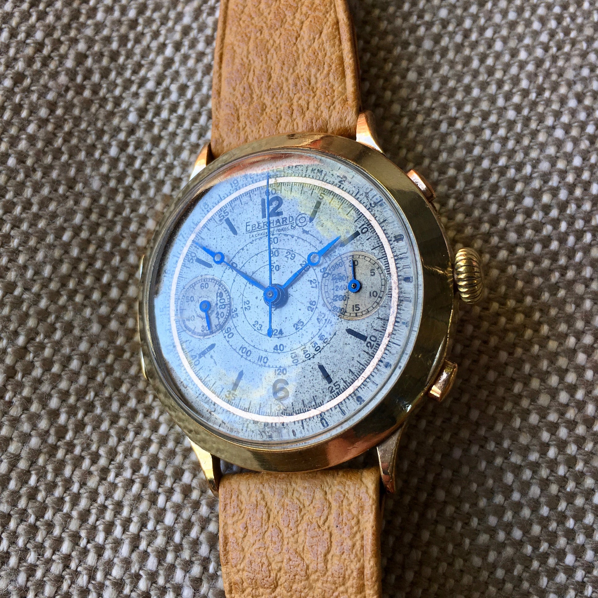 Vintage Eberhard Chronograph 5481 Gold Plated Manual Wind 40mm Large Wristwatch 1940's - Hashtag Watch Company