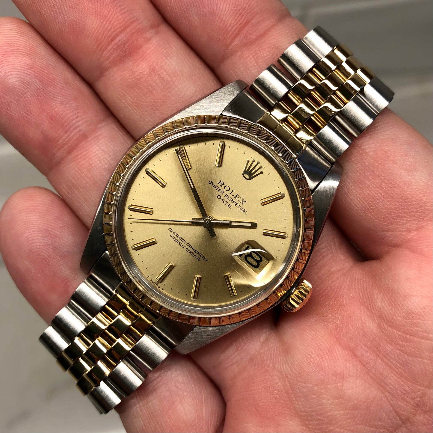 1980 Rolex Date 1505 Two Tone Engine Turned Champagne Jubilee Wristwatch - Hashtag Watch Company