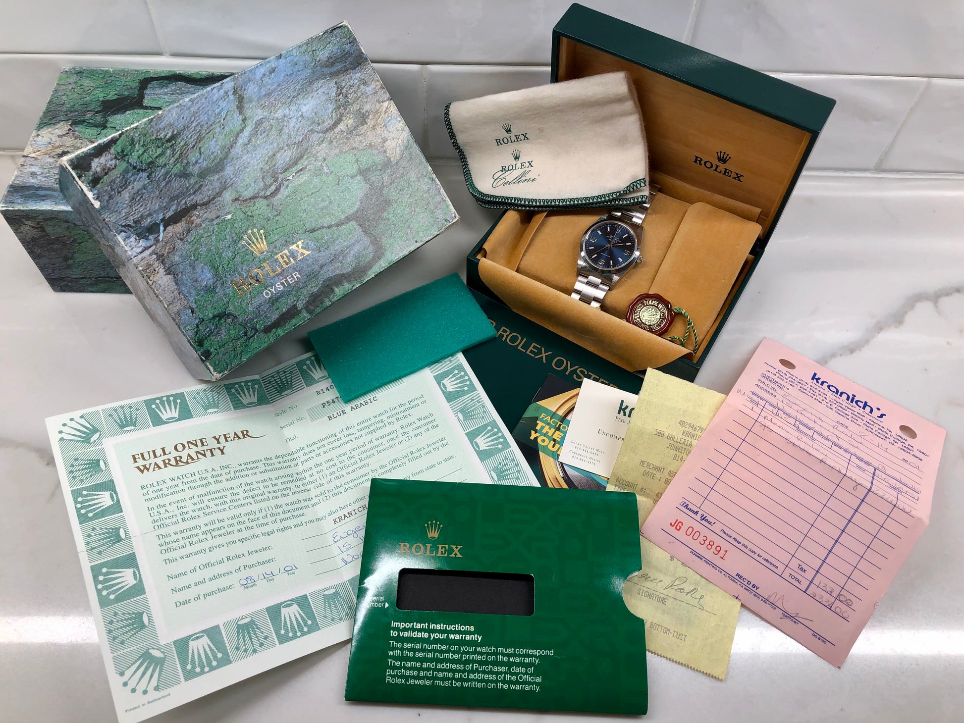 2000 Rolex Air King 14000 Blue Explorer Dial Stainless Steel Wristwatch Box Papers - Hashtag Watch Company