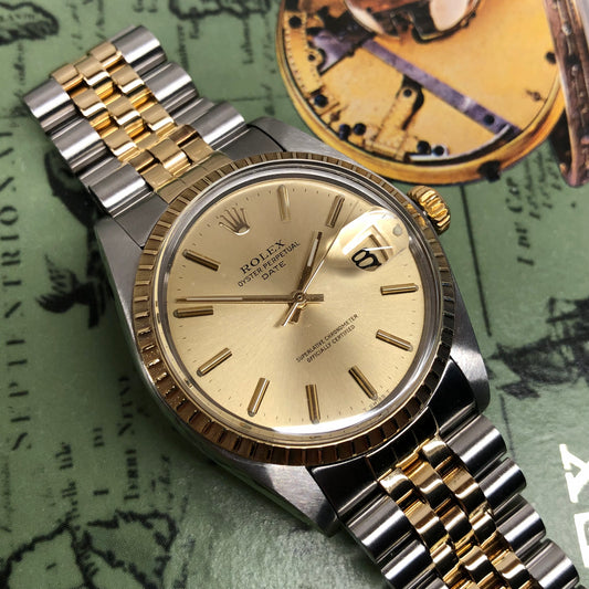 1980 Rolex Date 1505 Two Tone Engine Turned Champagne Jubilee Wristwatch - Hashtag Watch Company