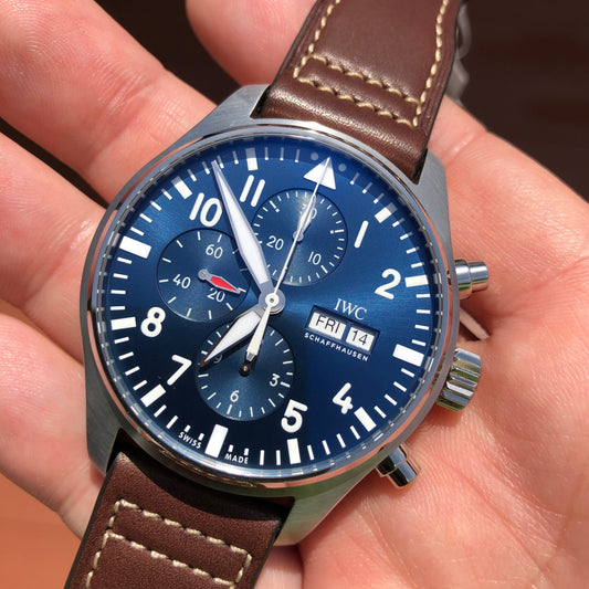 2023 IWC Pilot IW377714 LePetit Prince Automatic Chronograph Day Date 43mm Blue Wristwatch with Box and Papers - Hashtag Watch Company