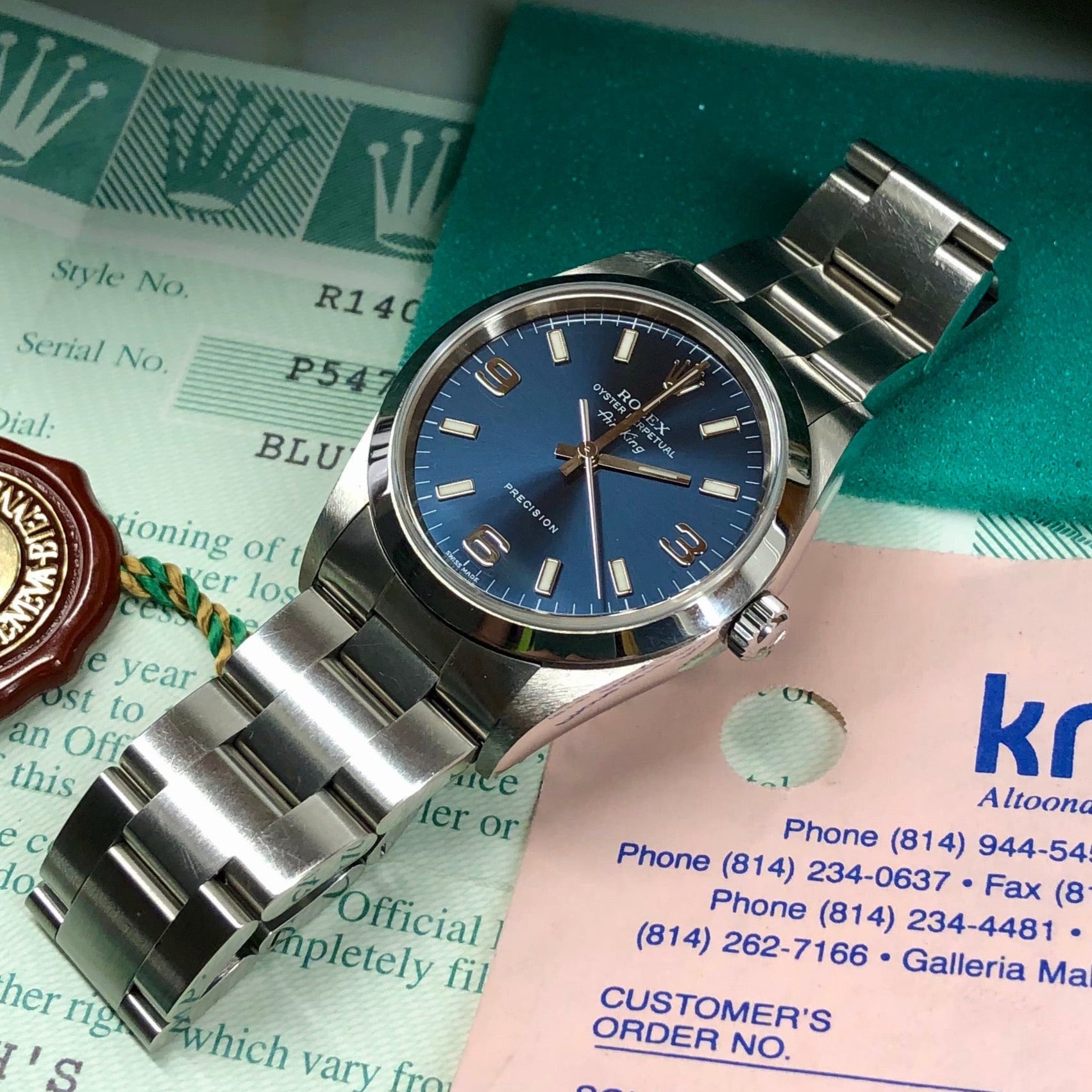 2000 Rolex Air King 14000 Blue Explorer Dial Stainless Steel Wristwatch Box Papers - Hashtag Watch Company