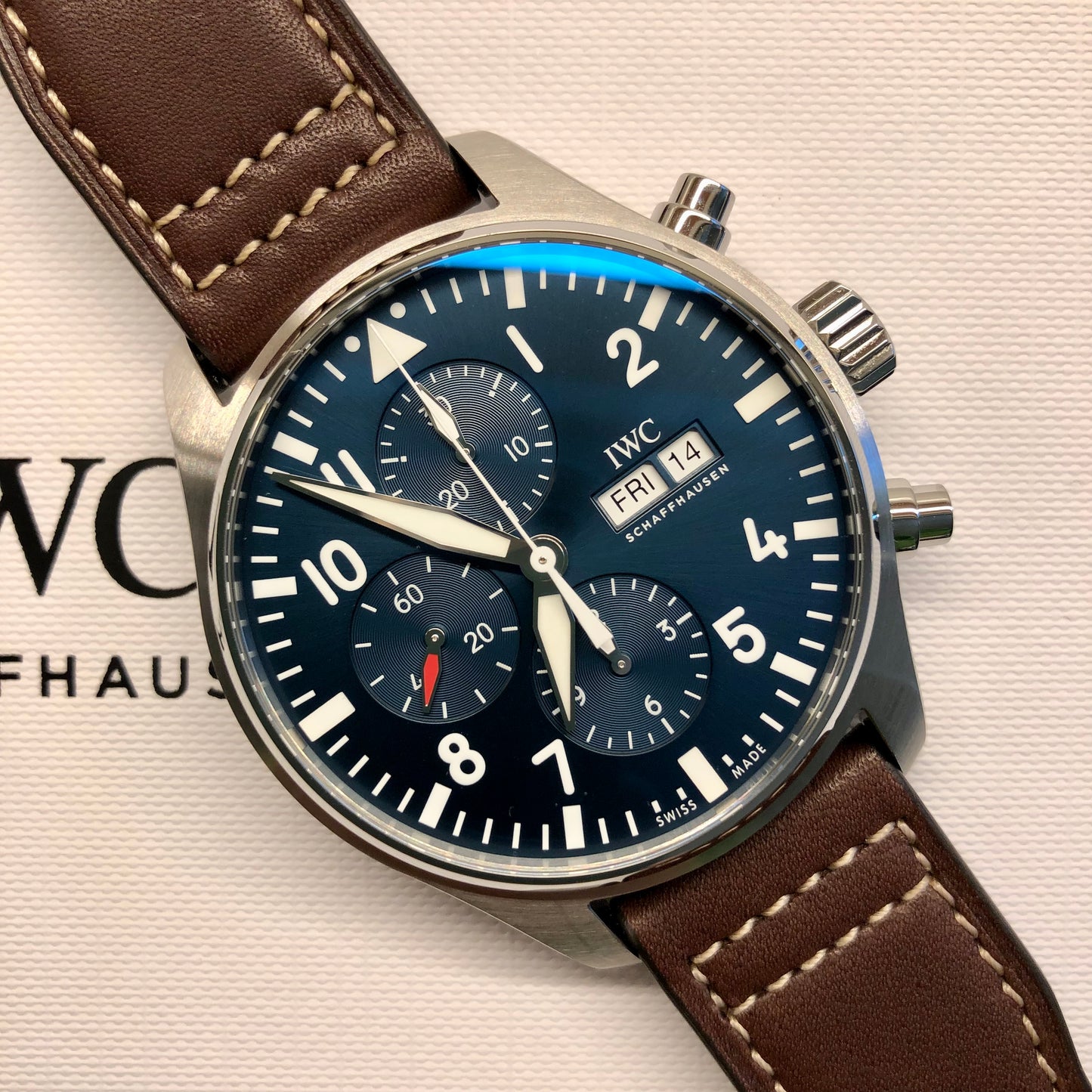 2023 IWC Pilot IW377714 LePetit Prince Automatic Chronograph Day Date 43mm Blue Wristwatch with Box and Papers - Hashtag Watch Company