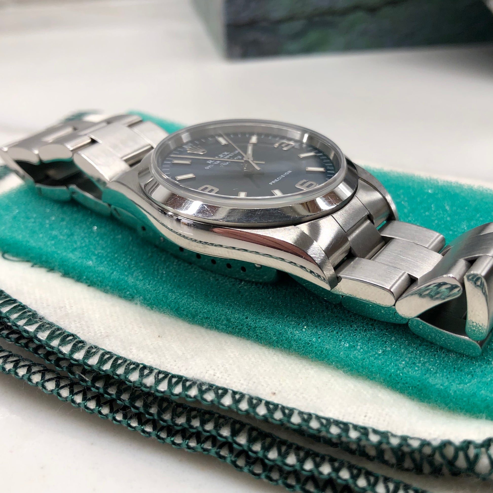 2000 Rolex Air King 14000 Blue Explorer Dial Stainless Steel Wristwatch Box Papers - Hashtag Watch Company