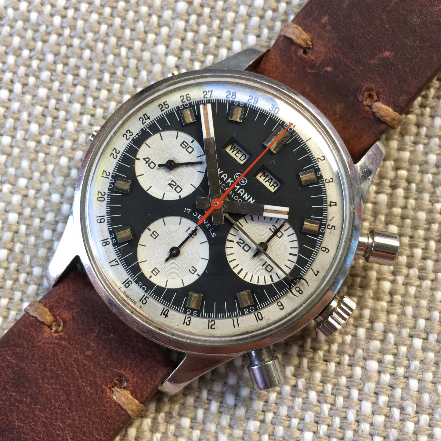 Vintage Wakmann Incabloc Steel Chronograph Triple Date 71.1309.70 Valjoux 730 Watch - Hashtag Watch Company