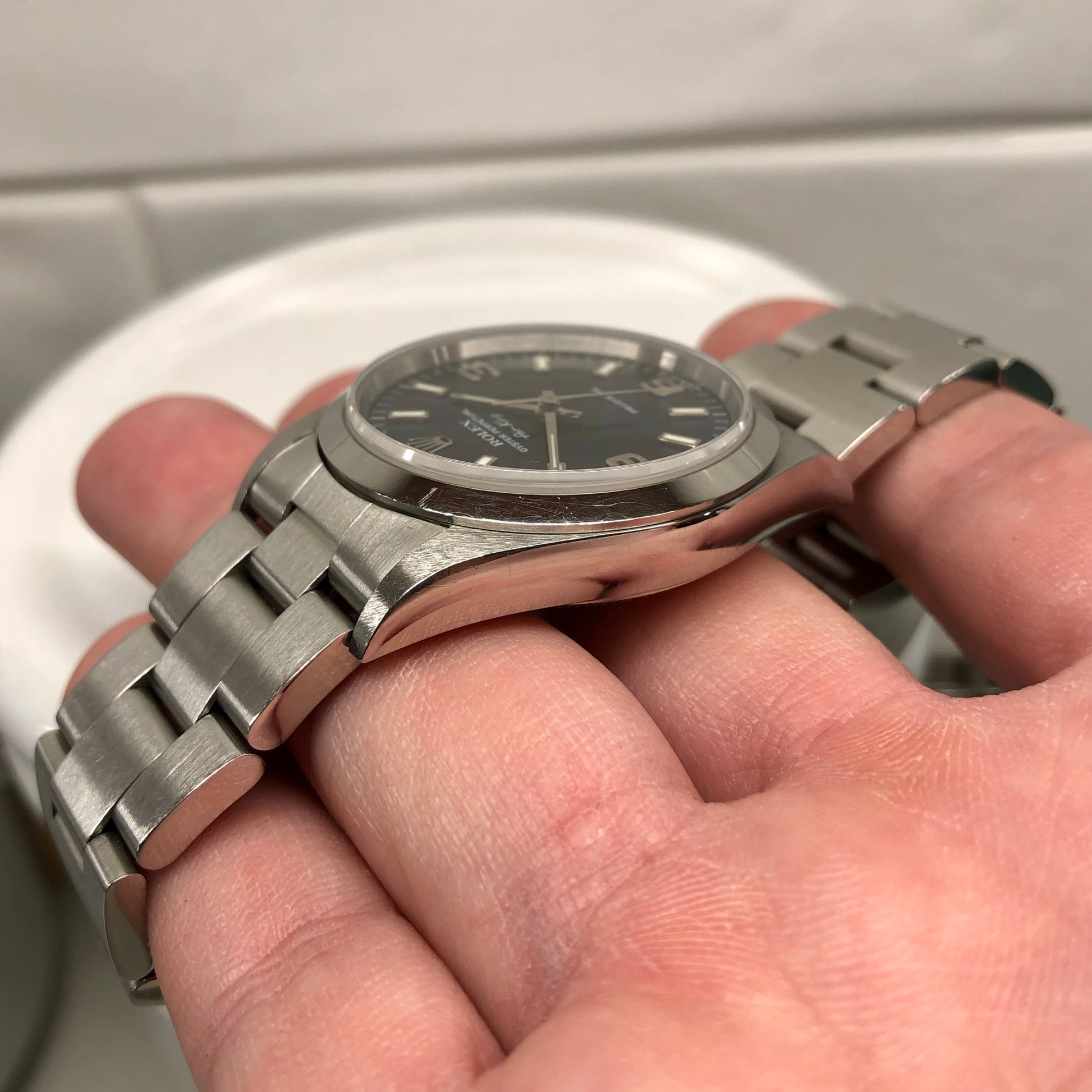 2000 Rolex Air King 14000 Blue Explorer Dial Stainless Steel Wristwatch Box Papers - Hashtag Watch Company