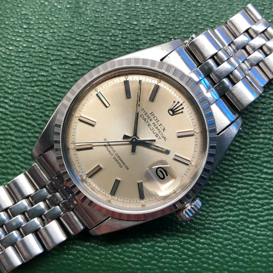 1969 Rolex Datejust 1603 Steel Engine Turned Jubilee Silver Pie Pan Dial Wristwatch with Box - Hashtag Watch Company