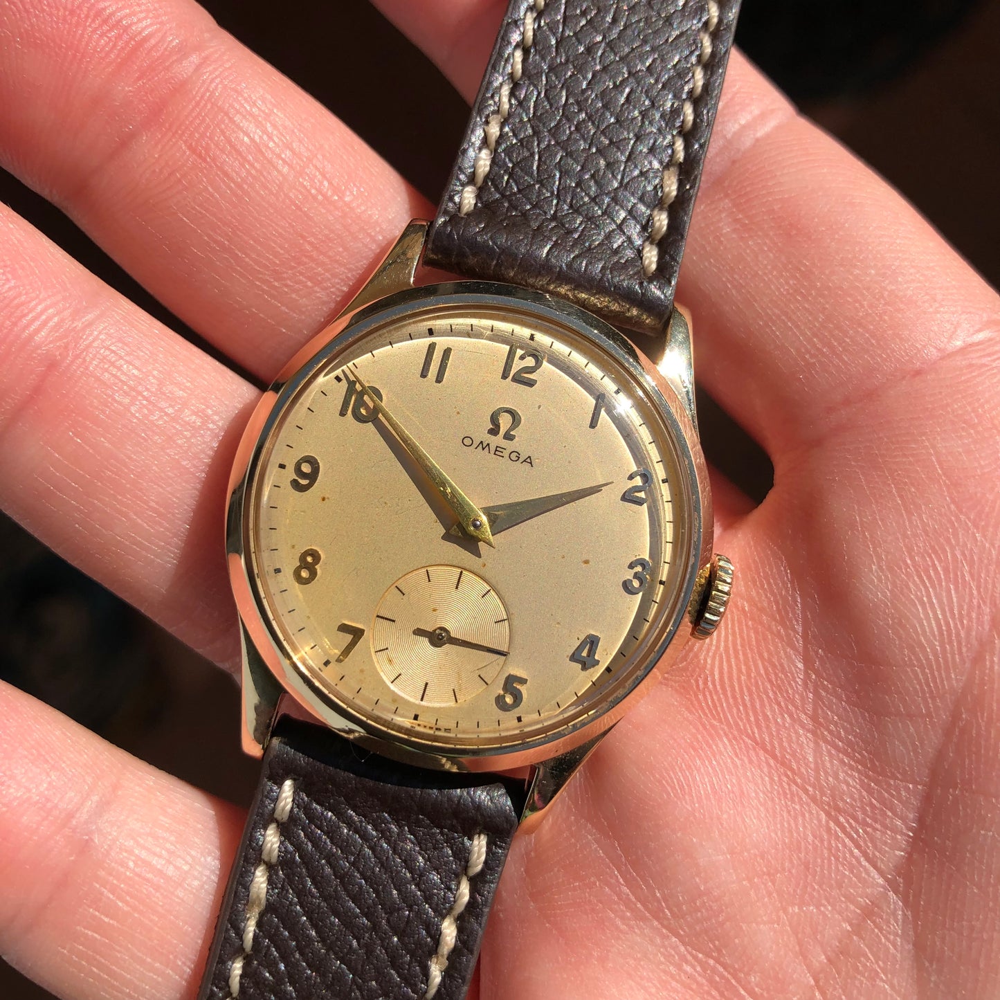 1954 Vintage Omega 9k Gold Made in England Arabic Dial Wristwatch with Original Box and Receipt - Hashtag Watch Company