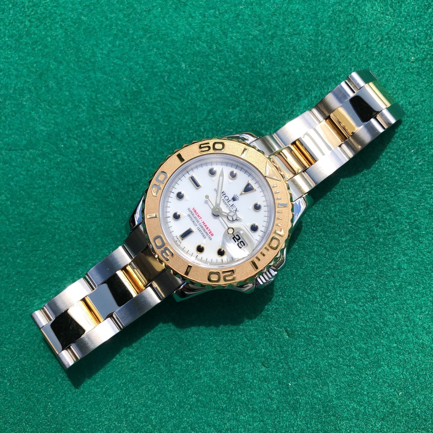 Rolex Yachtmaster 69623 Ladies Two Tone Steel Gold White Oyster Wristwatch Box Papers - Hashtag Watch Company