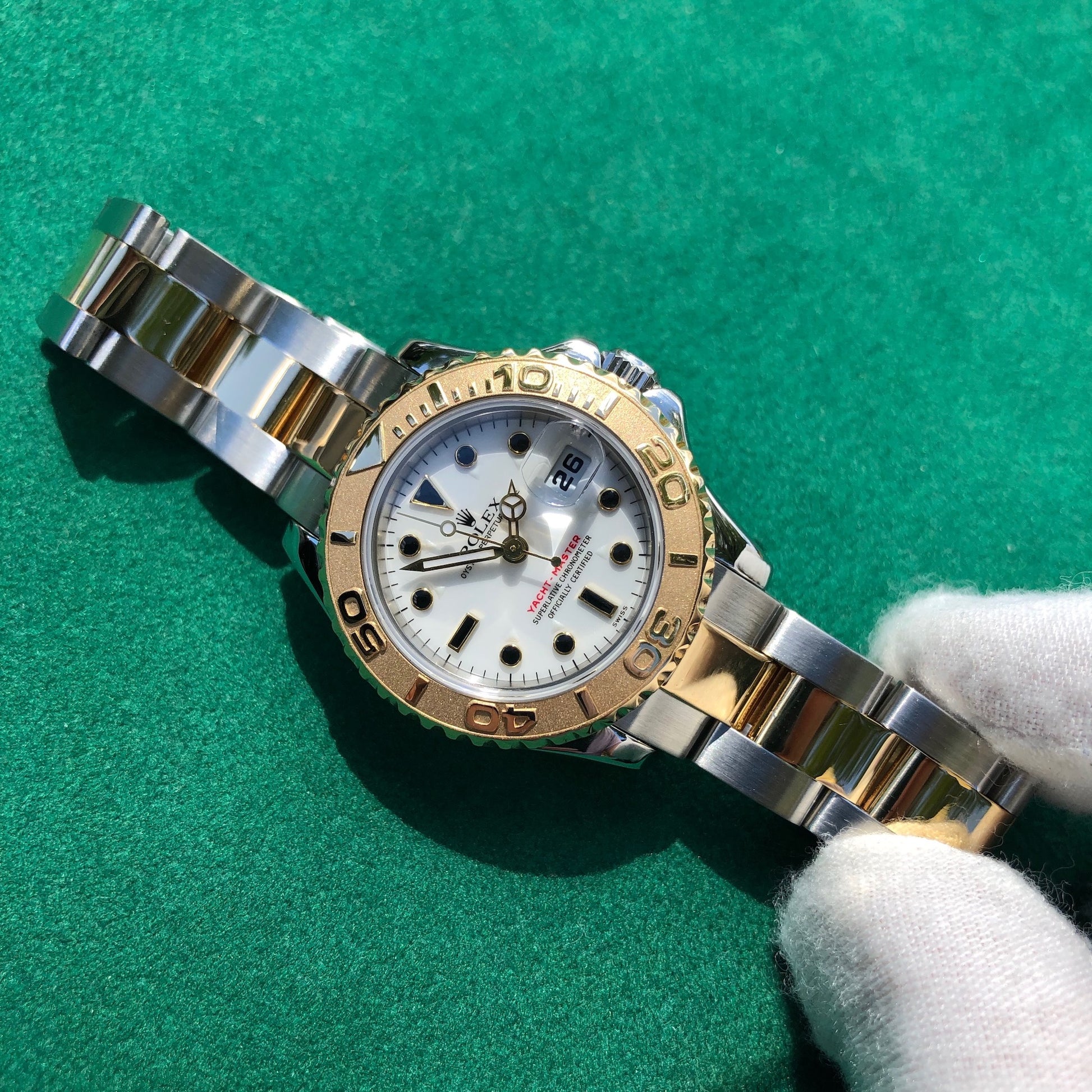 Rolex Yachtmaster 69623 Ladies Two Tone Steel Gold White Oyster Wristwatch Box Papers - Hashtag Watch Company