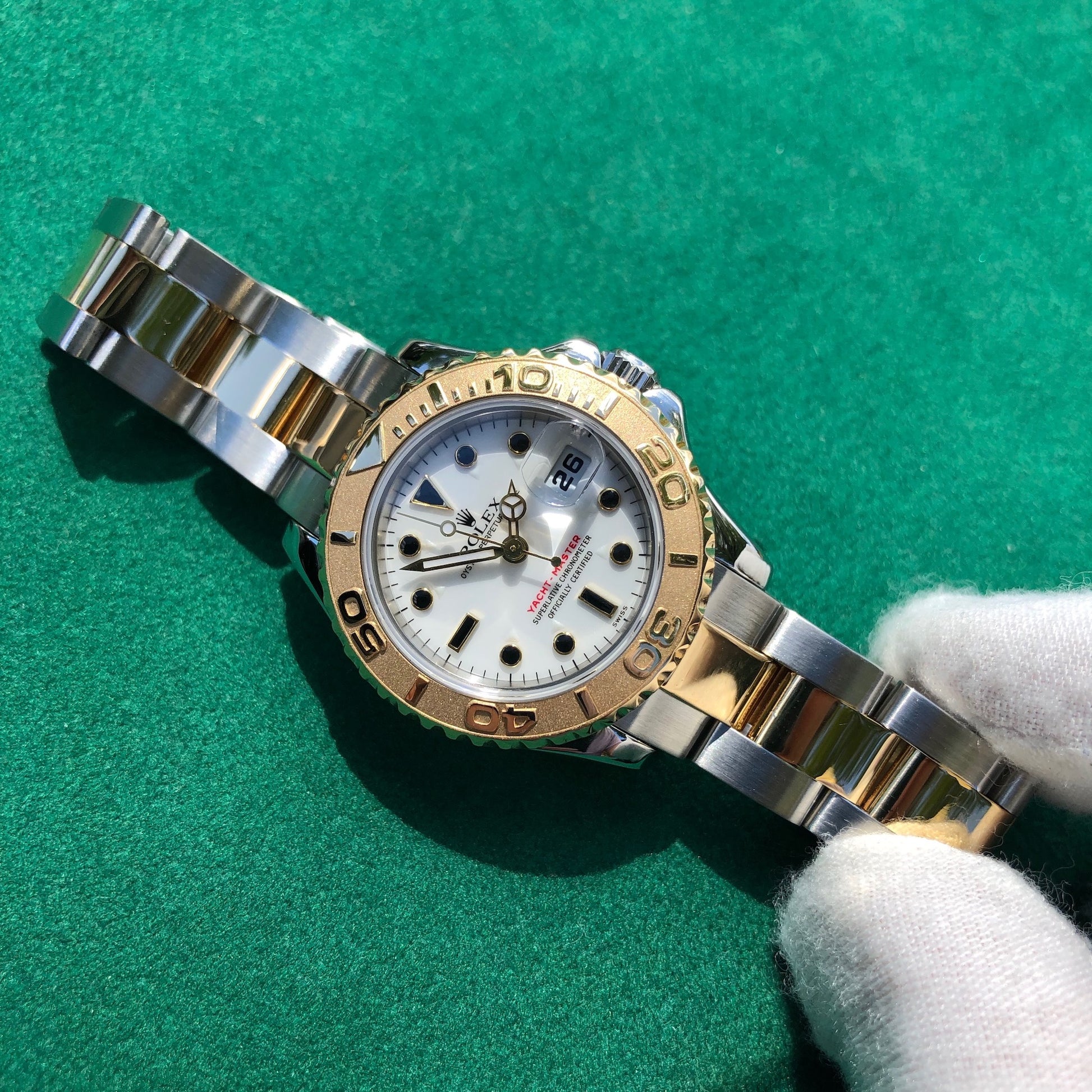 1997 Rolex Yachtmaster 69623 Ladies Two Tone Steel Gold White Oyster Wristwatch Box Papers HASHTAGWATCHCO