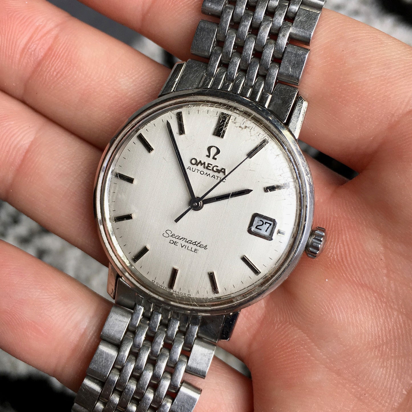 Vintage Omega Seamaster De Ville Caliber 563 Stainless Steel Date White Brushed Dial 1970's Watch - Hashtag Watch Company