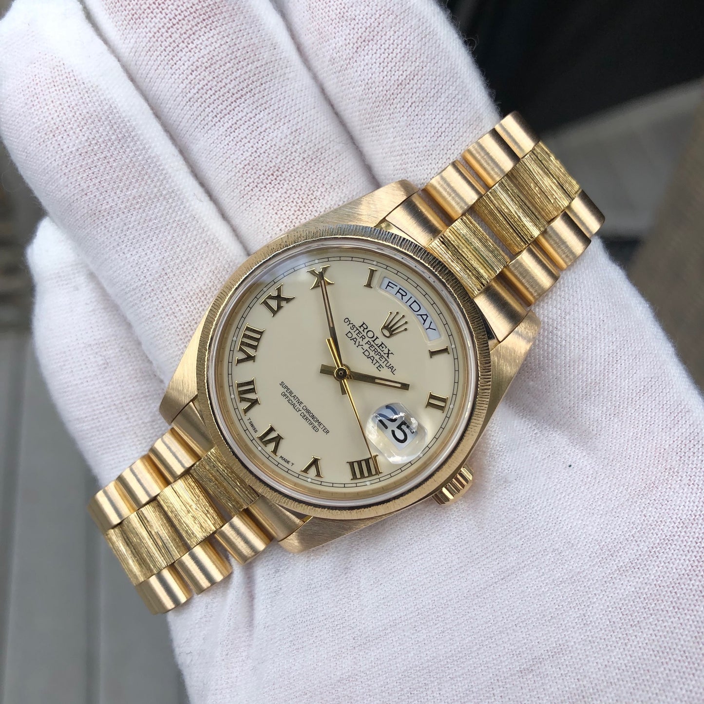 Rolex President 18078 Bark Day Date 18K Yellow Gold Cal. 3055 Roman Ivory Wristwatch Box Papers Circa 1983 - Hashtag Watch Company