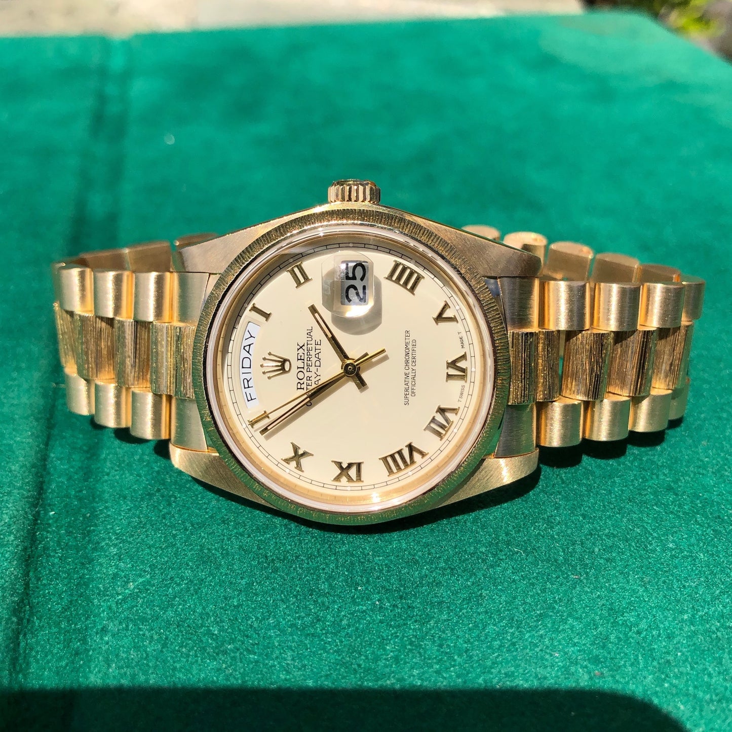 Rolex President 18078 Bark Day Date 18K Yellow Gold Cal. 3055 Roman Ivory Wristwatch Box Papers Circa 1983 - Hashtag Watch Company