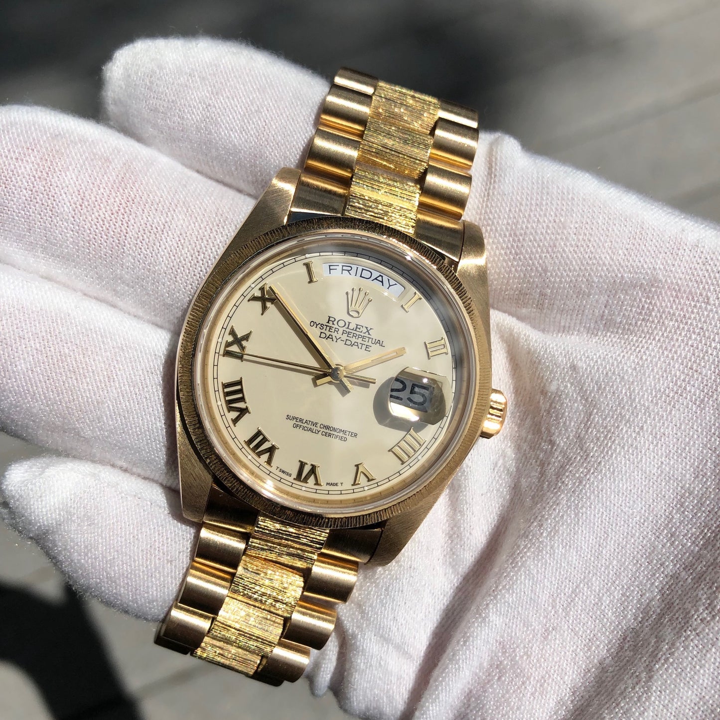 Rolex President 18078 Bark Day Date 18K Yellow Gold Cal. 3055 Roman Ivory Wristwatch Box Papers Circa 1983 - Hashtag Watch Company