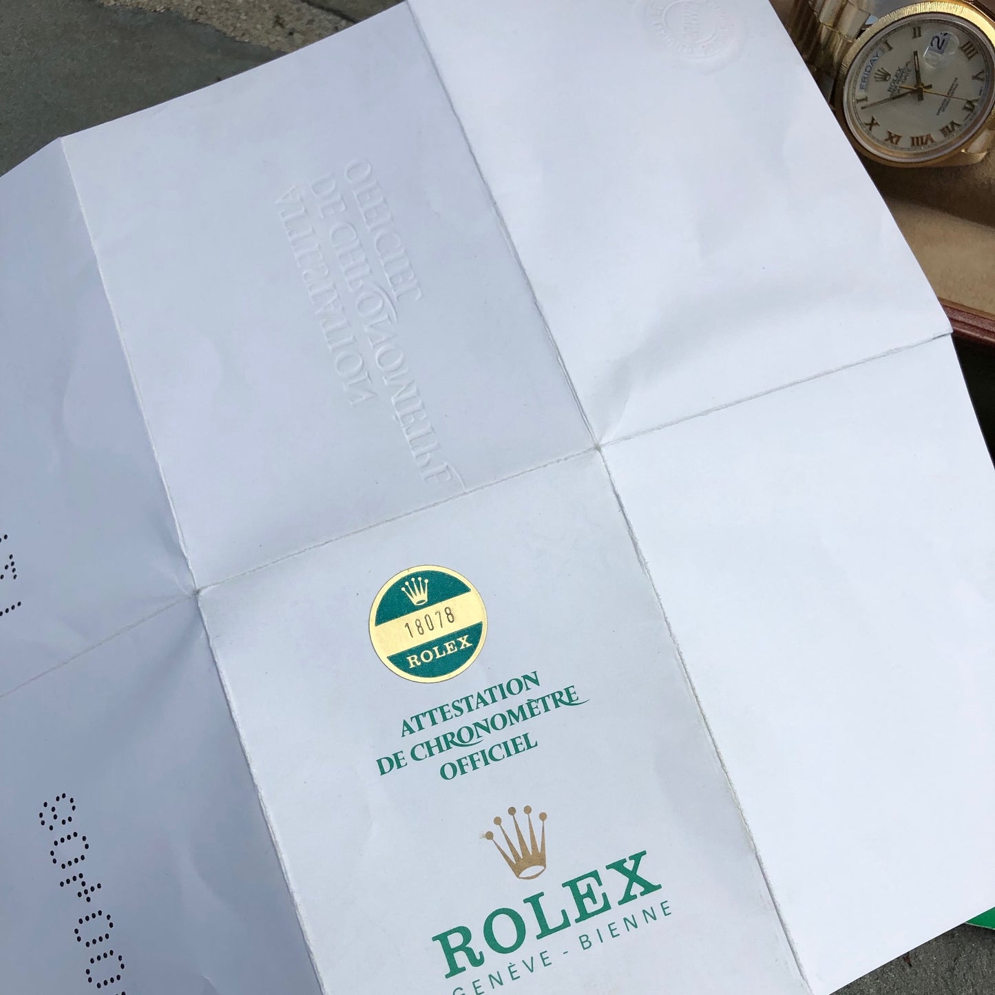 Rolex President 18078 Bark Day Date 18K Yellow Gold Cal. 3055 Roman Ivory Wristwatch Box Papers Circa 1983 - Hashtag Watch Company