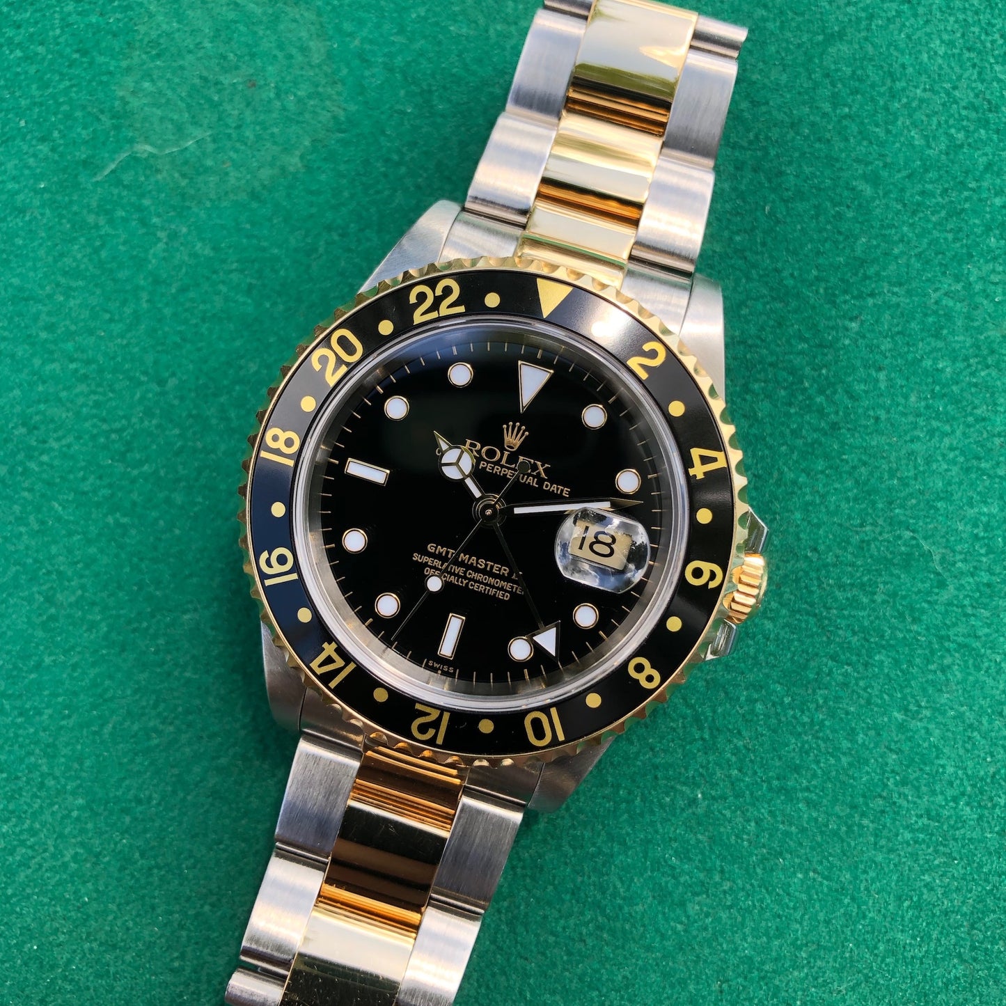 Rolex GMT MASTER II 16713 Steel Gold Oyster Two Tone Black Wristwatch Box Papers Circa 1997 - Hashtag Watch Company