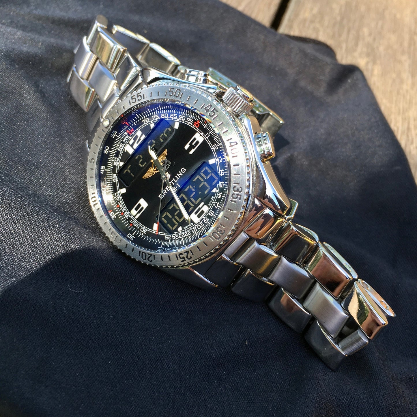 Breitling B-1 A68362 Stainless Steel Digital Analog Black Chronograph Wristwatch - Hashtag Watch Company
