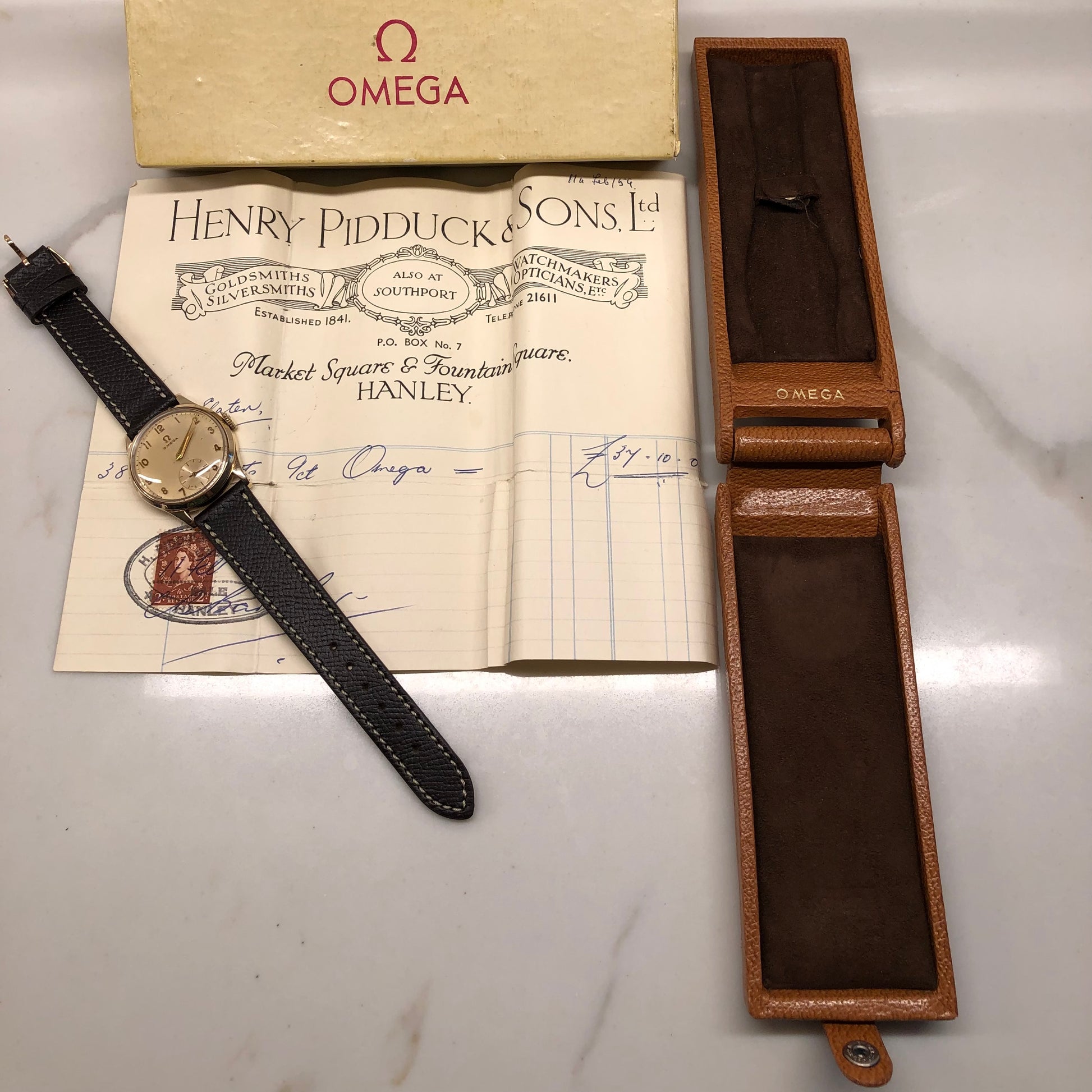 1954 Vintage Omega 9k Gold Made in England Arabic Dial Wristwatch with Original Box and Receipt - Hashtag Watch Company