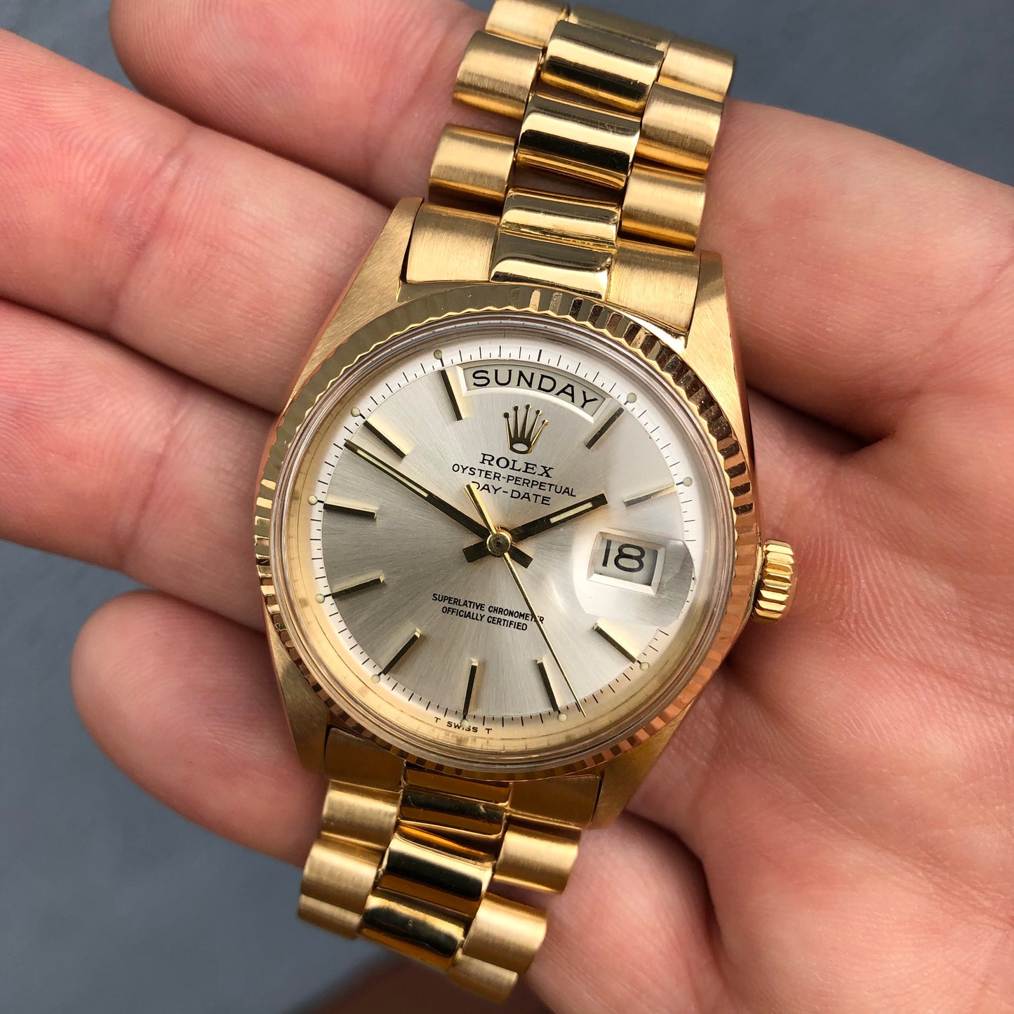 1966 Rolex President 1803 Day Date Yellow Gold Silver Tritium Pie Pan Wristwatch - Hashtag Watch Company